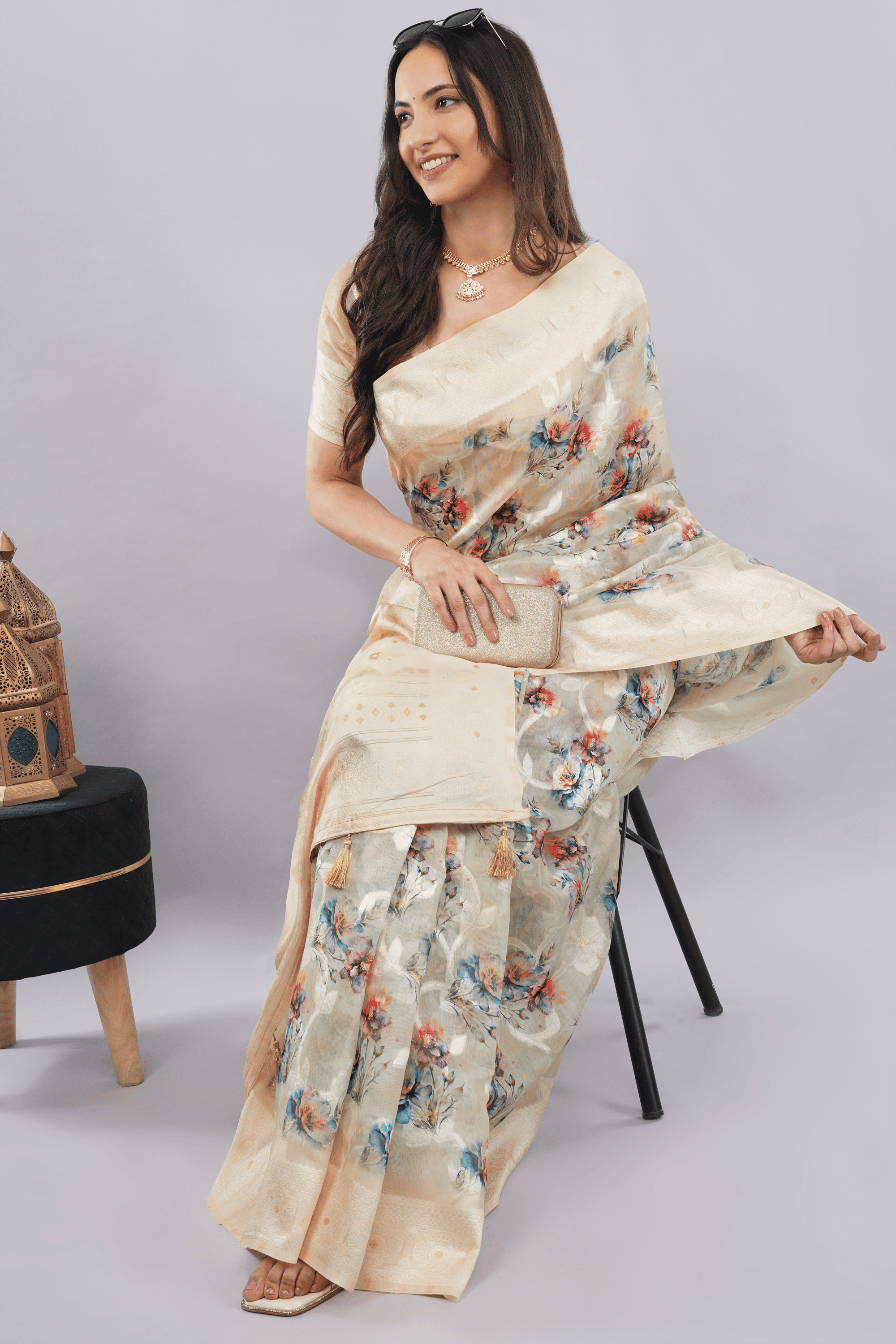 Samantha Off White Rose Cluster Printed Chanderi Saree with Self-Woven Border