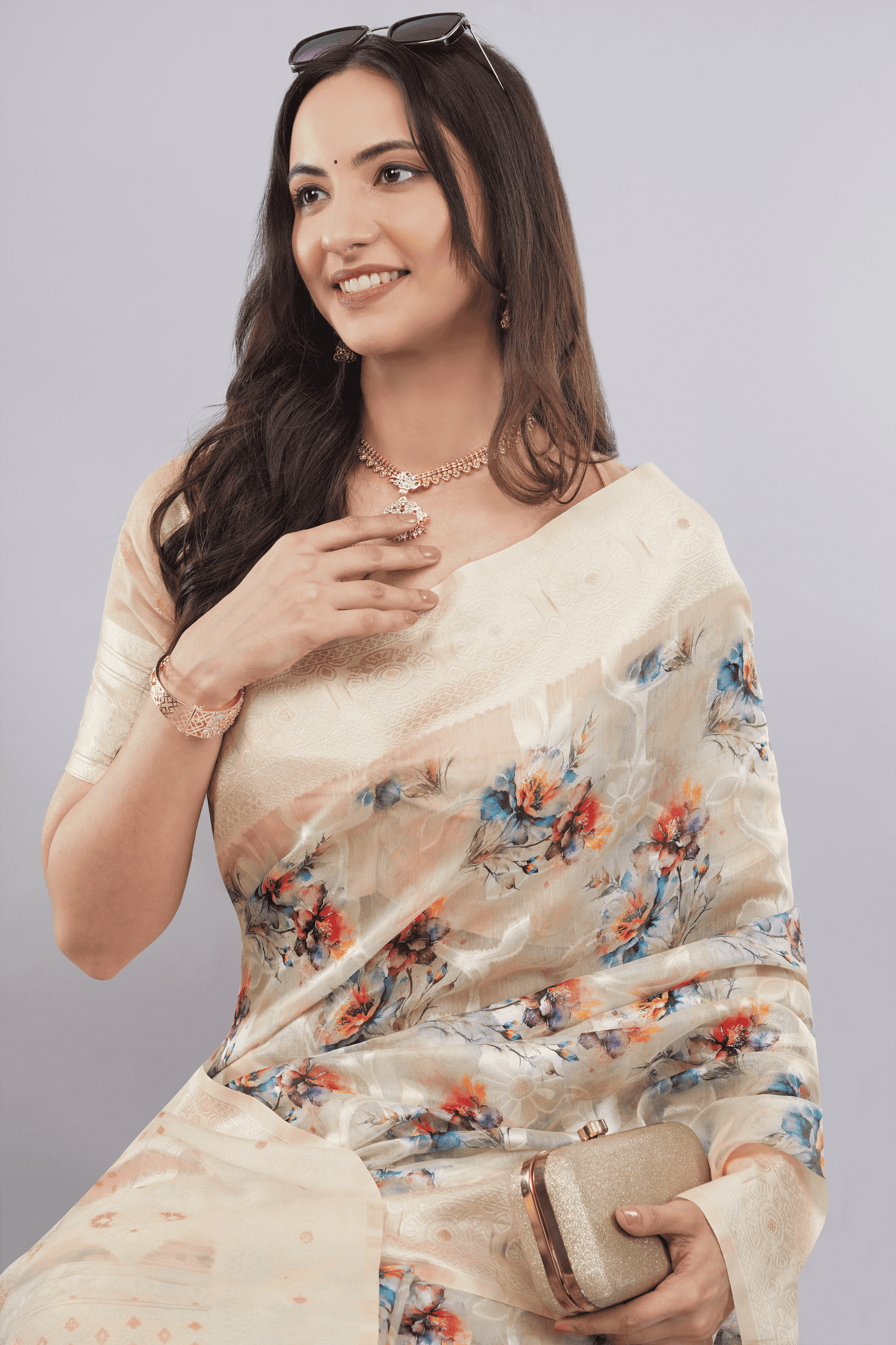 Samantha Off White Rose Cluster Printed Chanderi Saree with Self-Woven Border