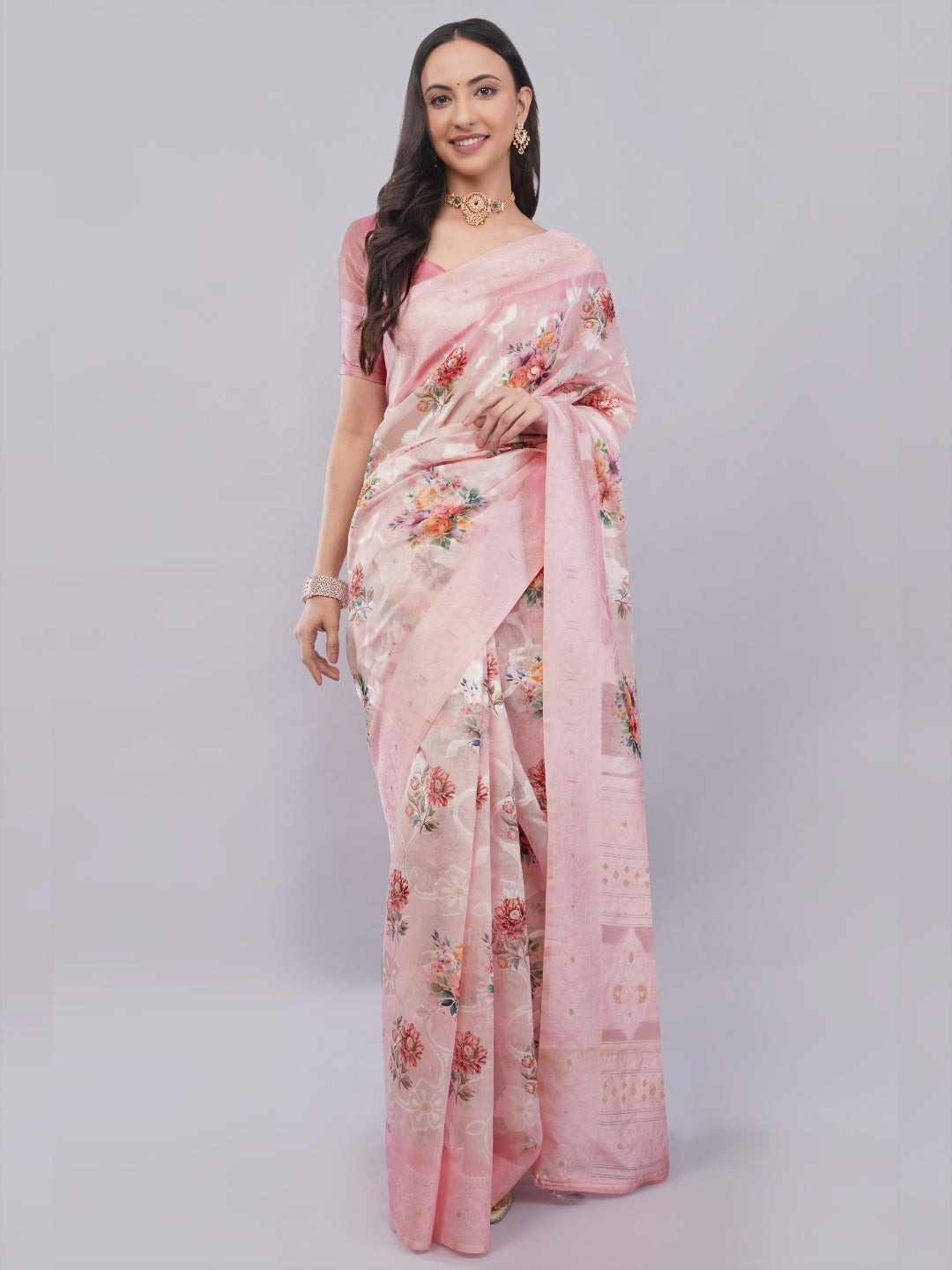 Samantha Off White Pink Rose Cluster Printed Chanderi Saree with Self-Woven Detailing