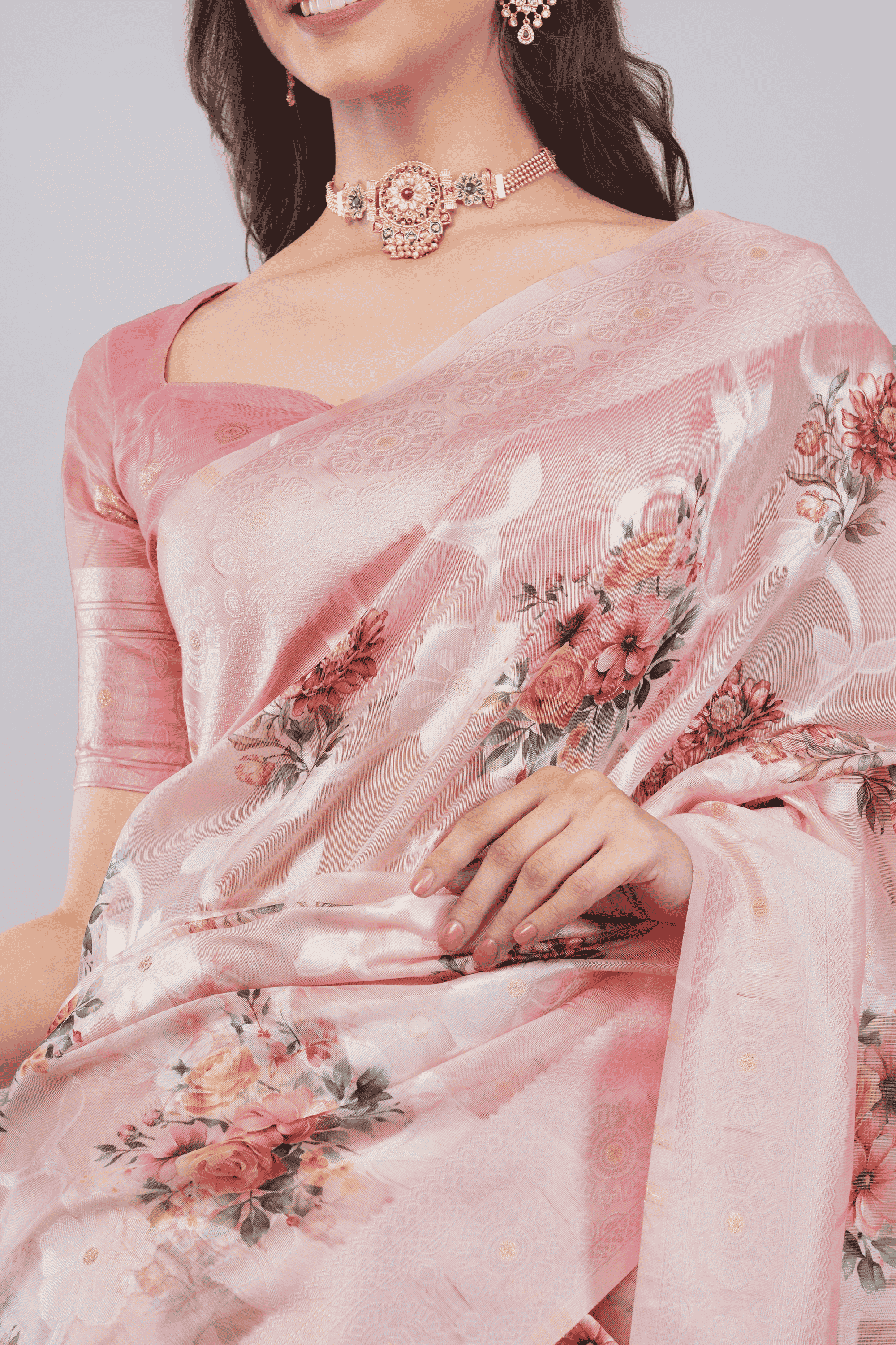 Samantha Off White Pink Rose Cluster Printed Chanderi Saree with Self-Woven Detailing