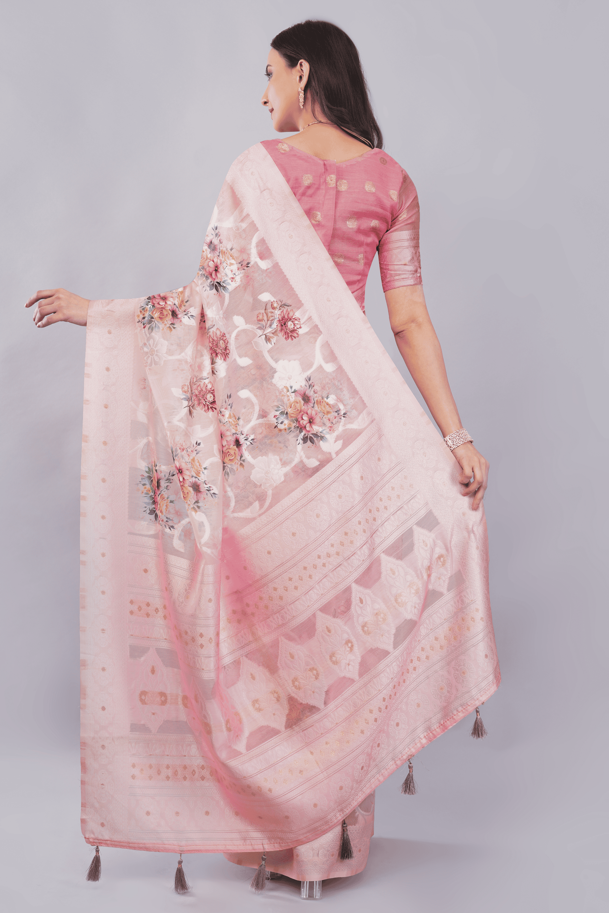 Samantha Off White Pink Rose Cluster Printed Chanderi Saree with Self-Woven Detailing