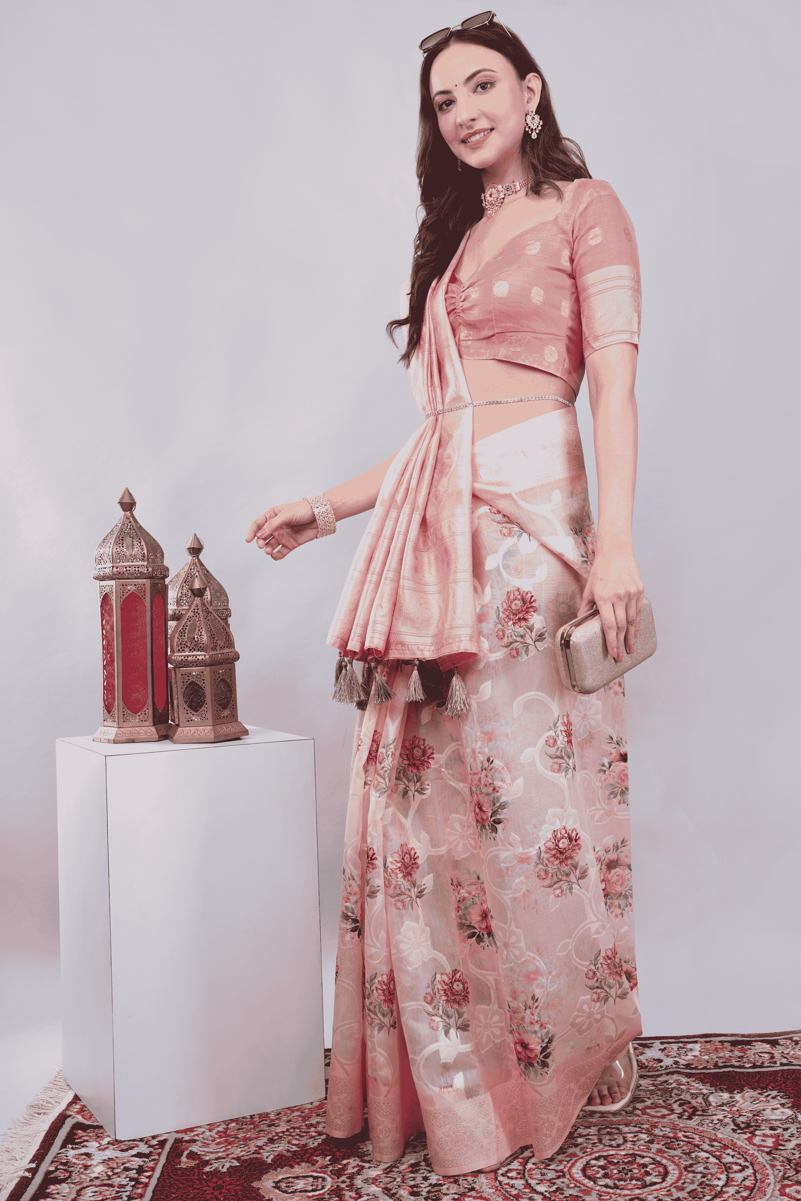 Samantha Off White Pink Rose Cluster Printed Chanderi Saree with Self-Woven Detailing