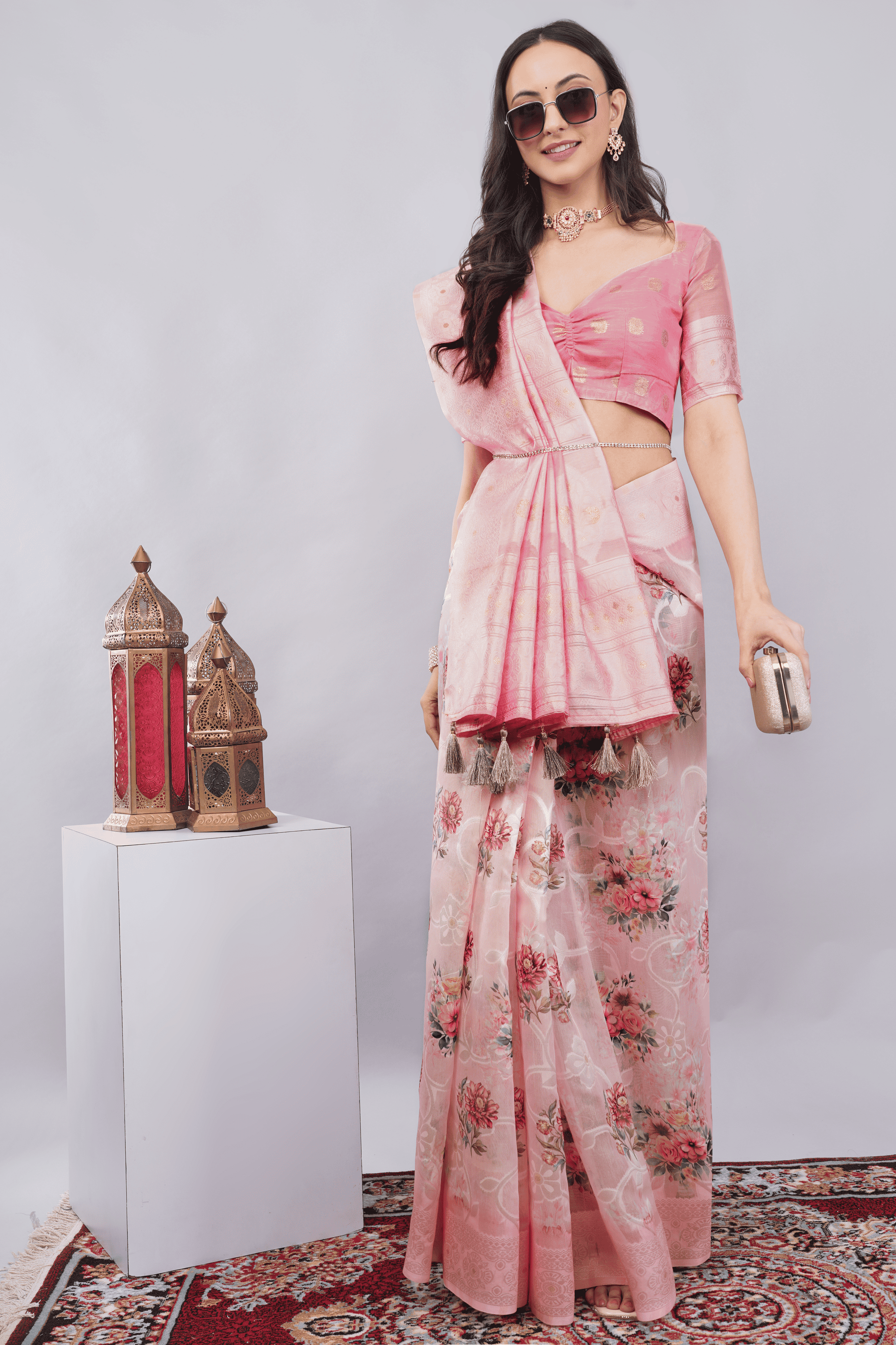 Samantha Off White Pink Rose Cluster Printed Chanderi Saree with Self-Woven Detailing