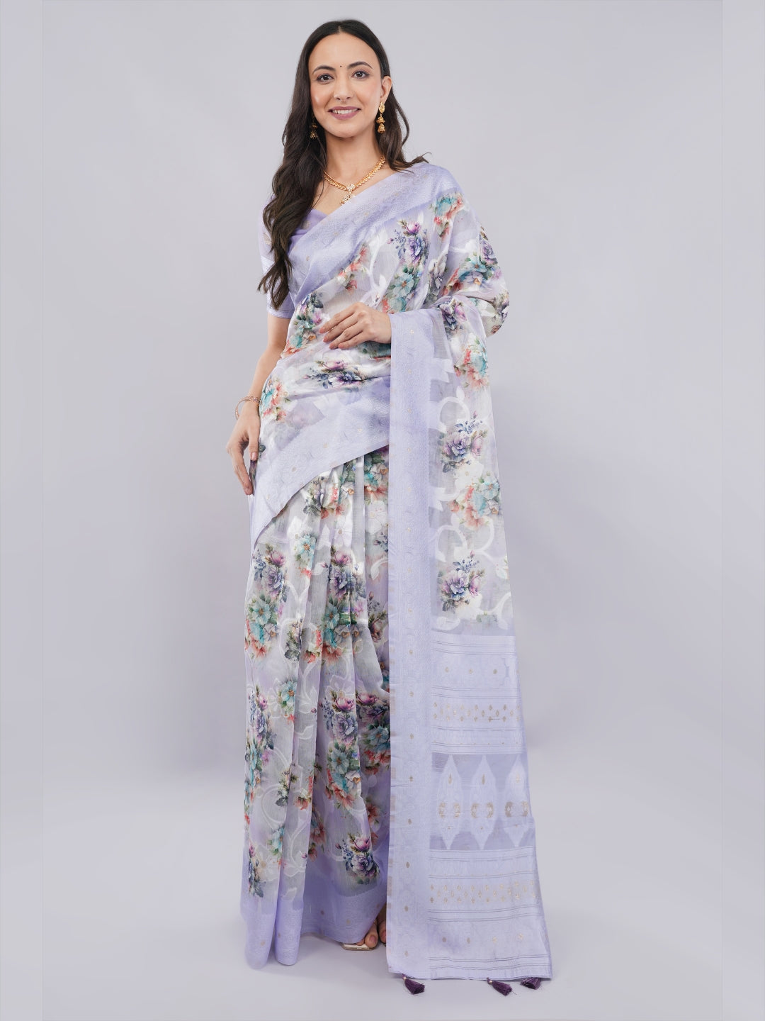 Samantha Lavender Floral Printed Chanderi Saree with Zari Pallu
