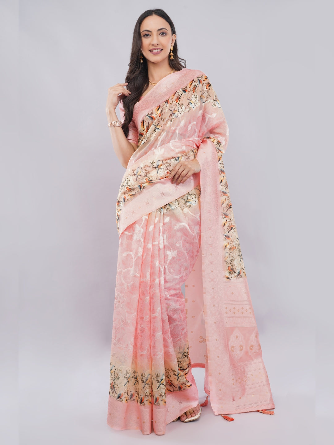 Samantha Baby Pink Bird Printed Chanderi Saree with Zari Pallu