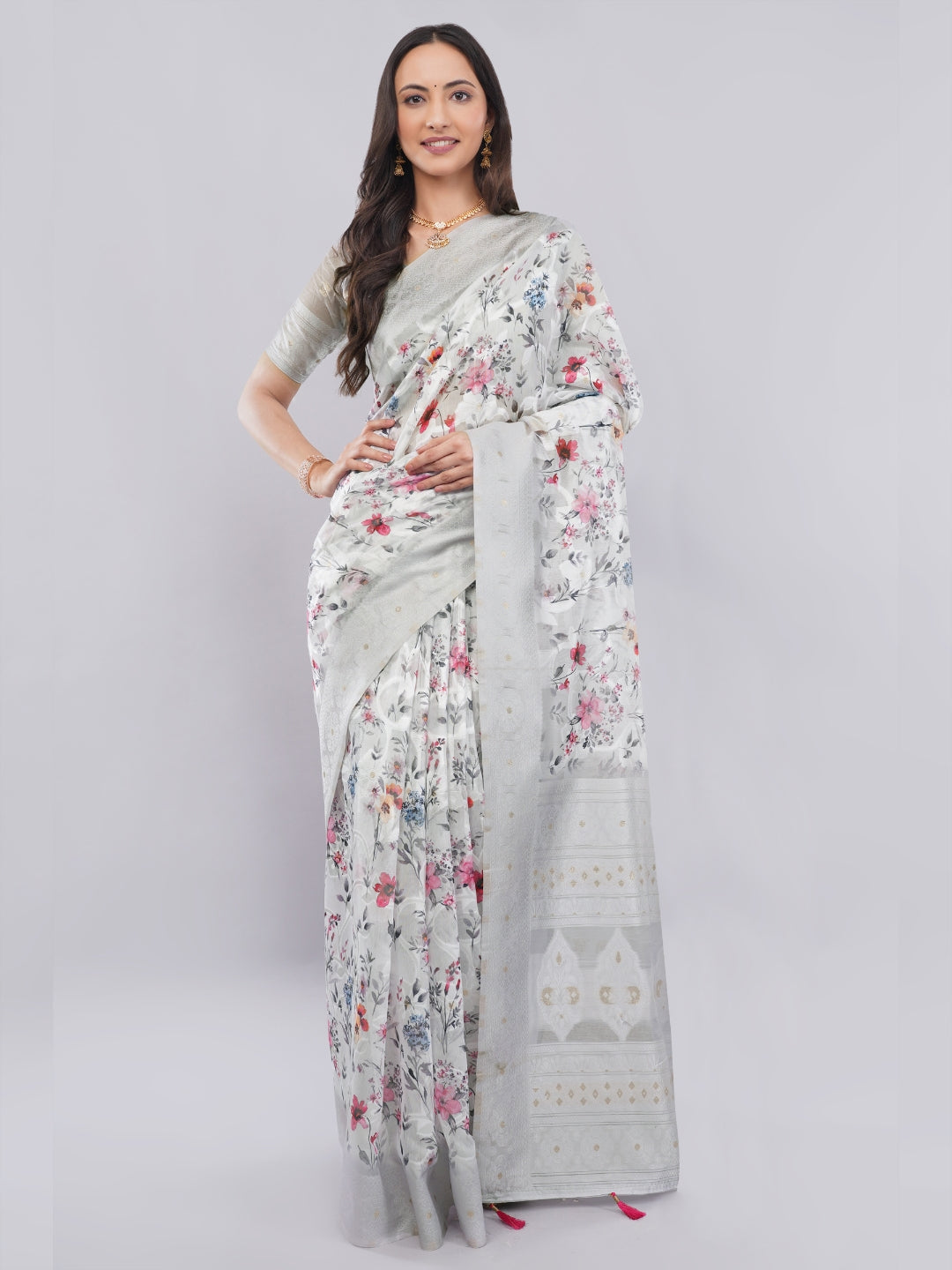 Samantha Off White Floral Printed Chanderi Saree with Zari Pallu