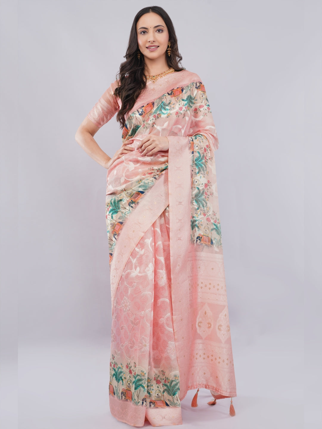 Samantha Off White Rose Garden Printed Chanderi Saree with Self-Woven Border