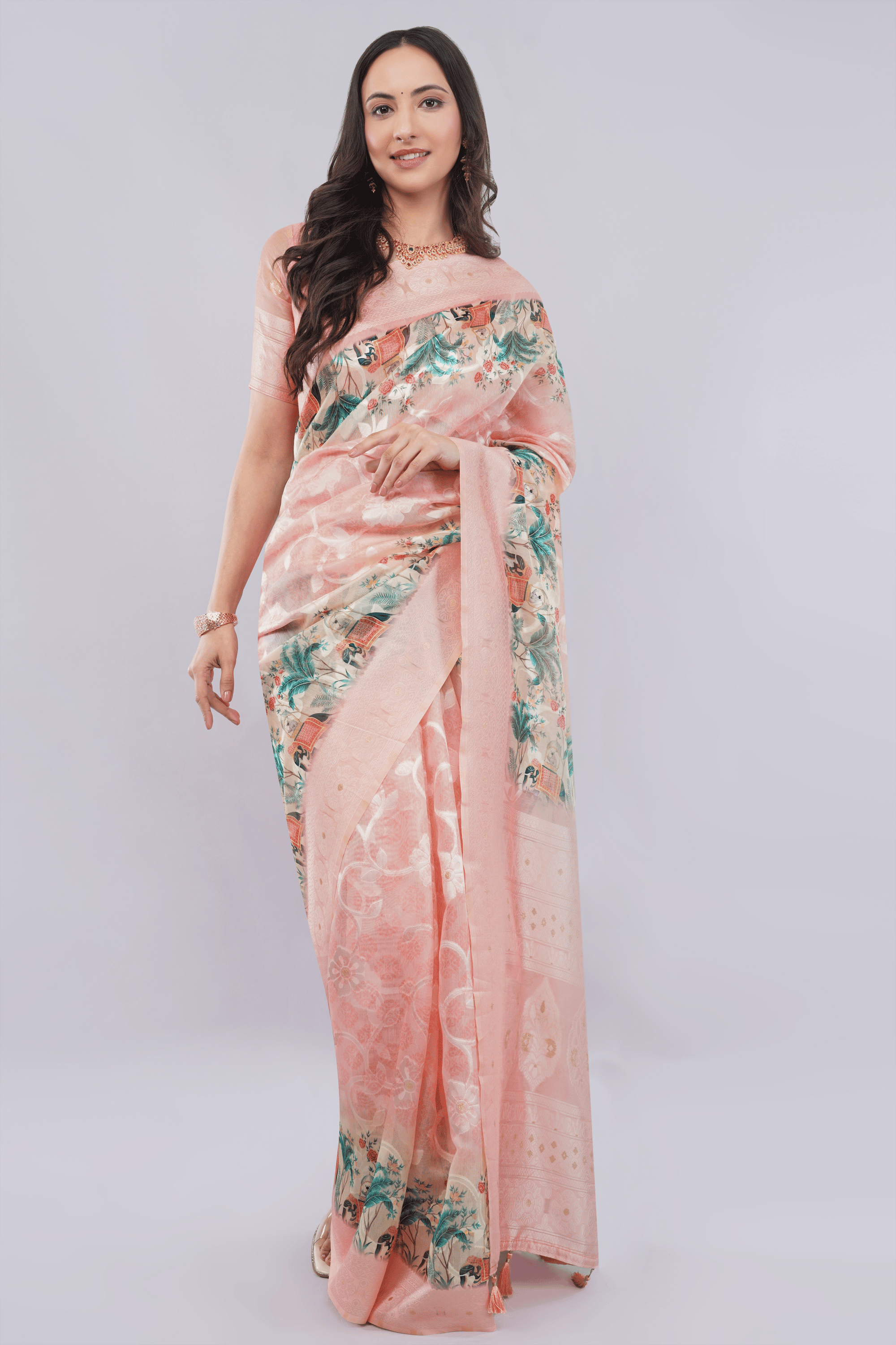 Samantha Off White Rose Garden Printed Chanderi Saree with Self-Woven Border