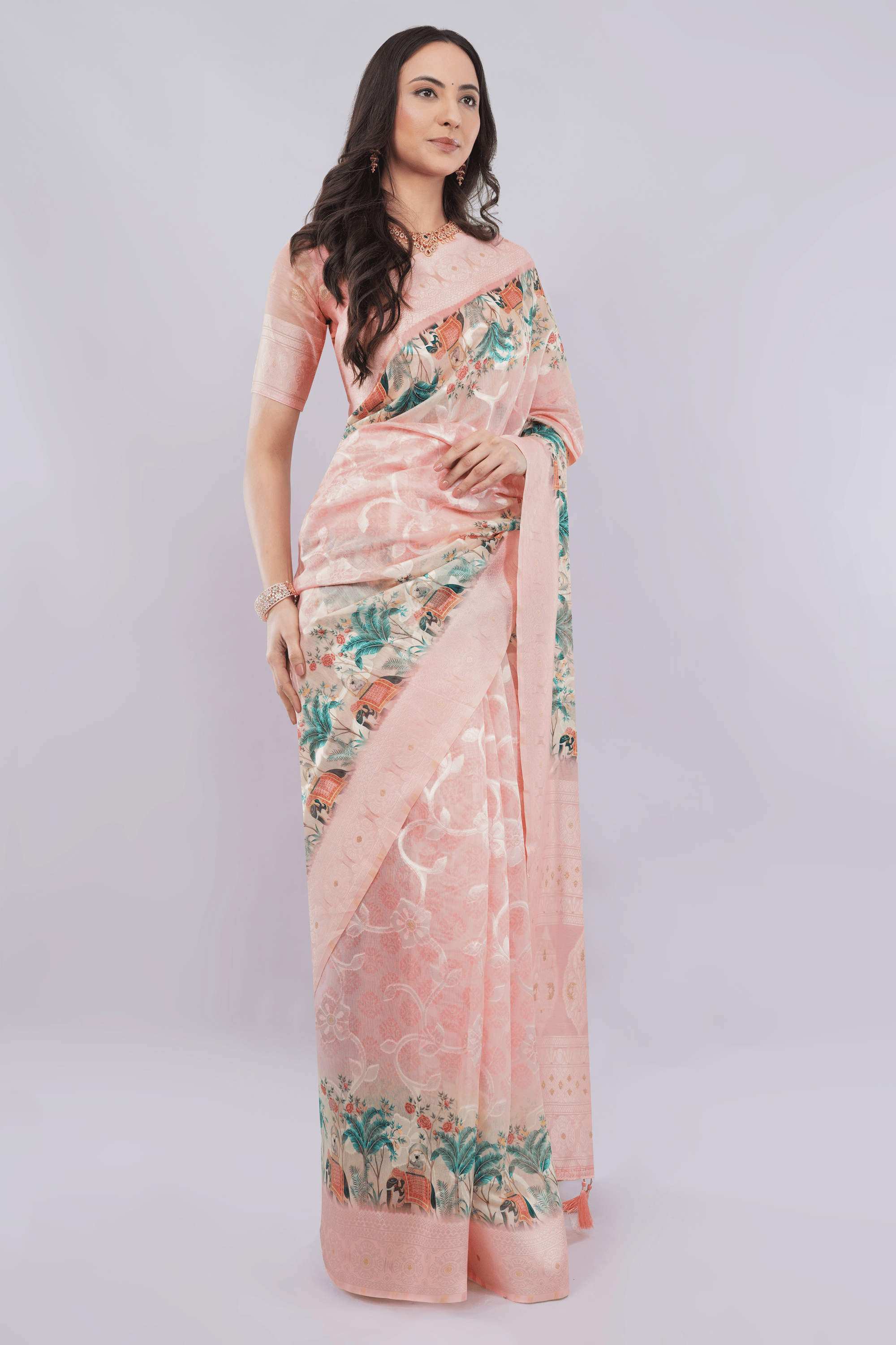 Samantha Off White Rose Garden Printed Chanderi Saree with Self-Woven Border