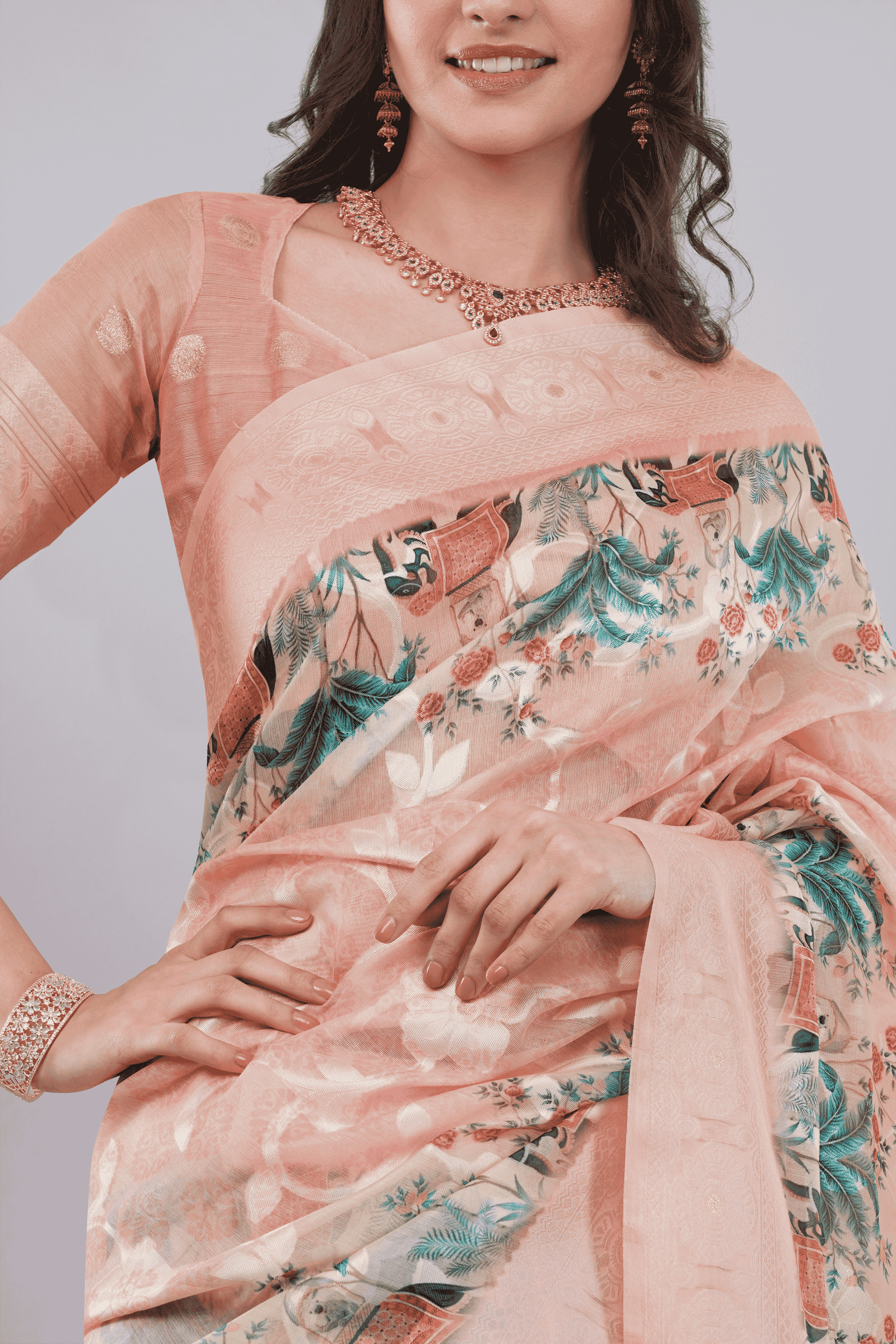Samantha Off White Rose Garden Printed Chanderi Saree with Self-Woven Border