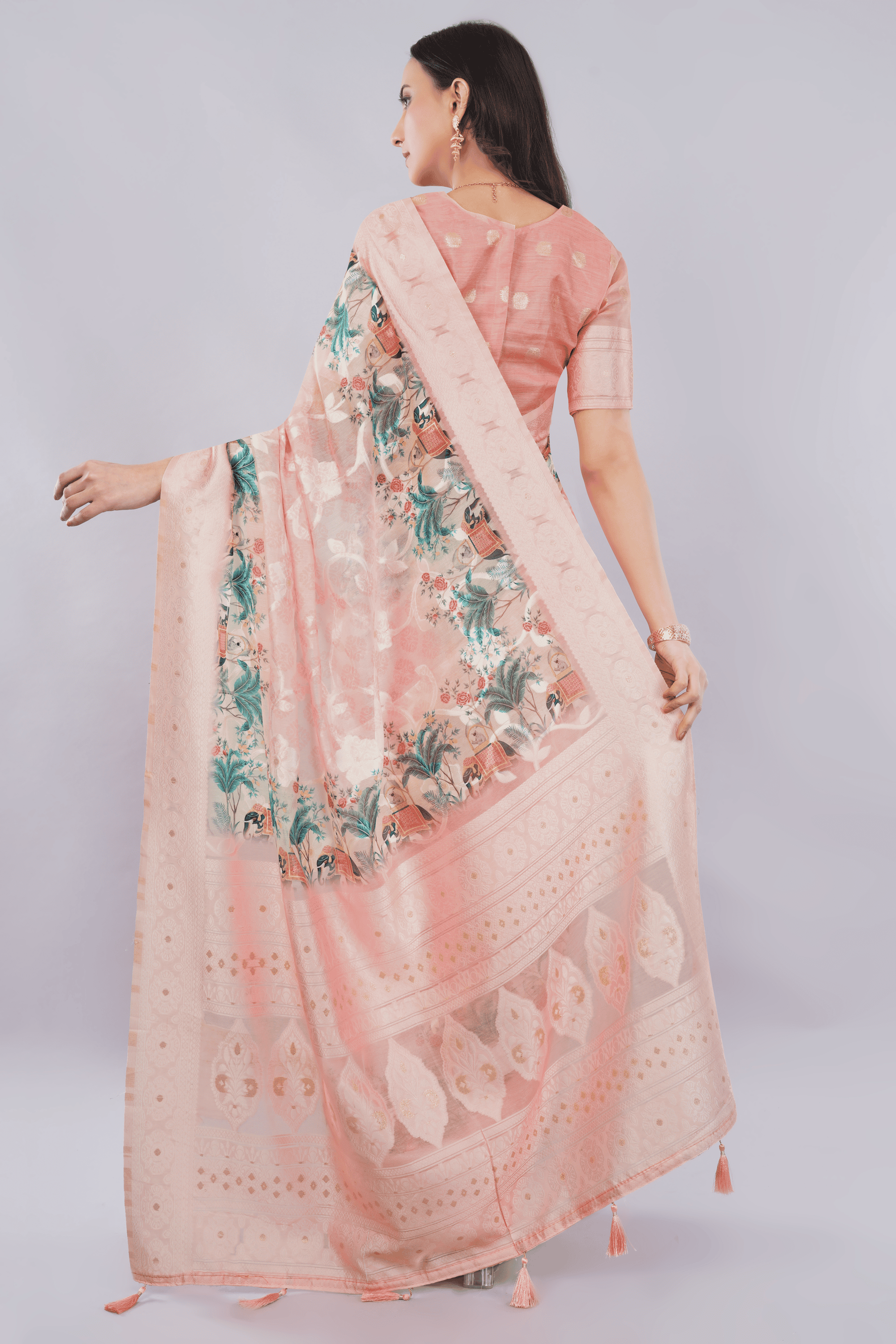 Samantha Off White Rose Garden Printed Chanderi Saree with Self-Woven Border