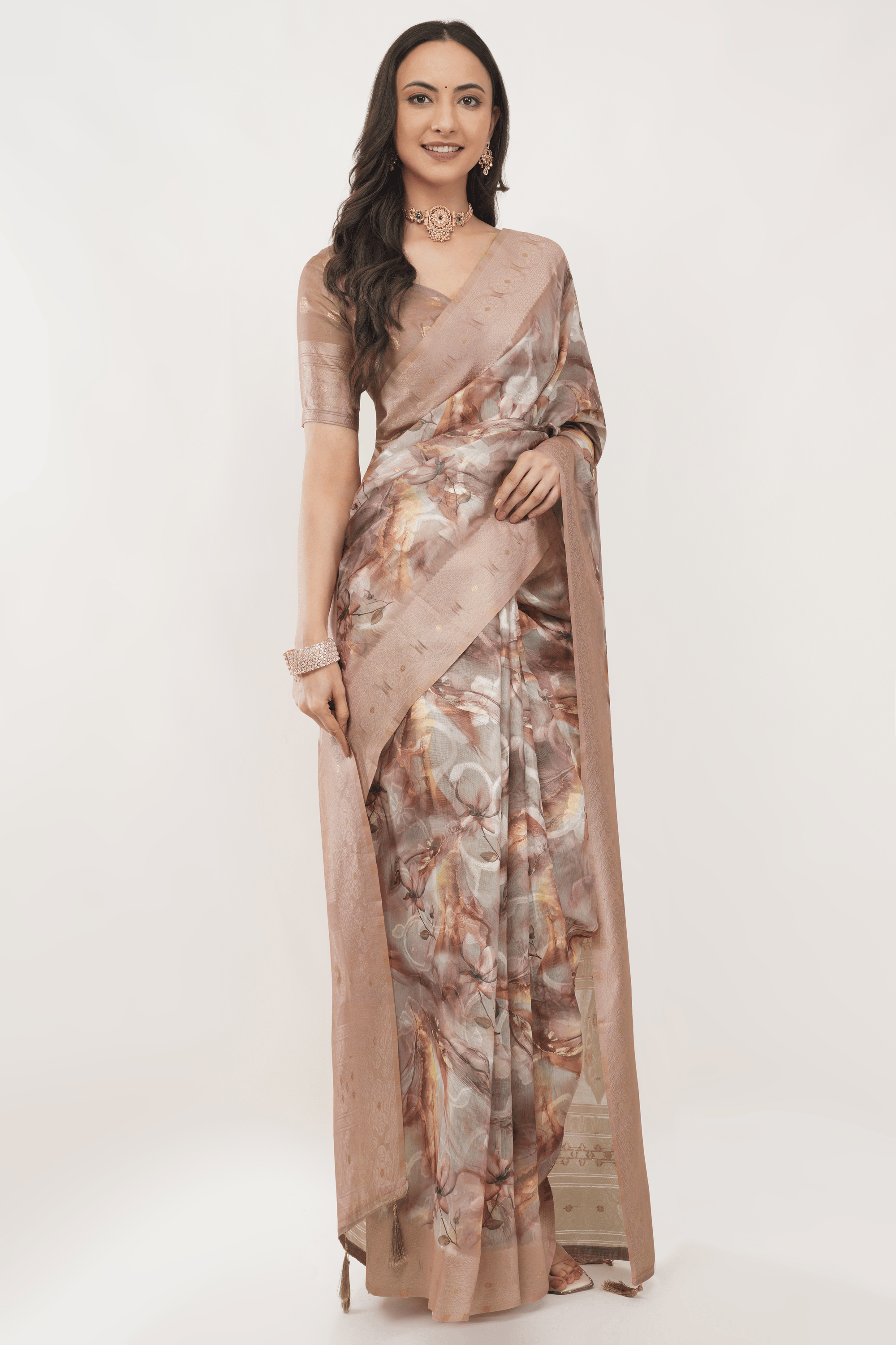 Samantha Off White Rose Scatter Printed Chanderi Saree with Woven Border