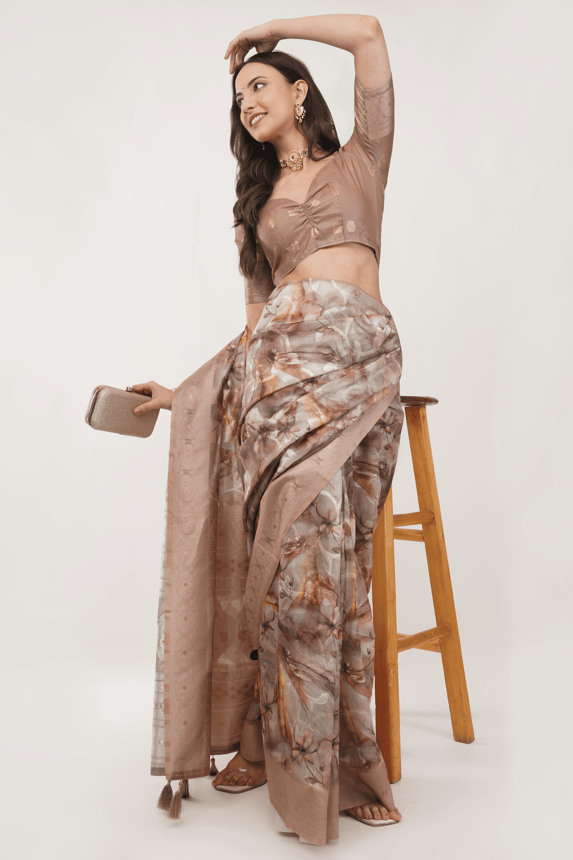 Samantha Off White Rose Scatter Printed Chanderi Saree with Woven Border