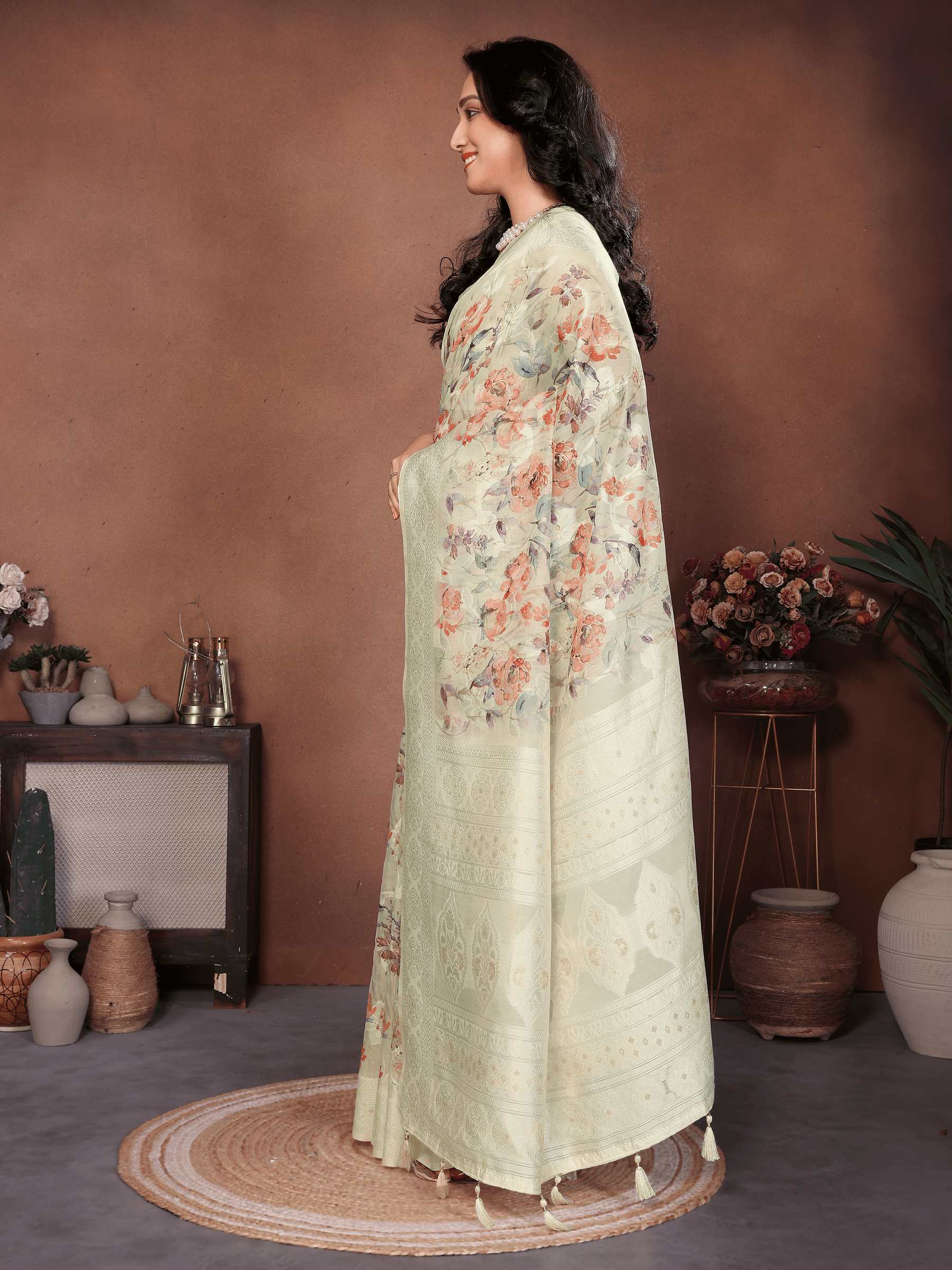 Samantha Beige Floral Printed Chanderi Saree with Tassel Pallu