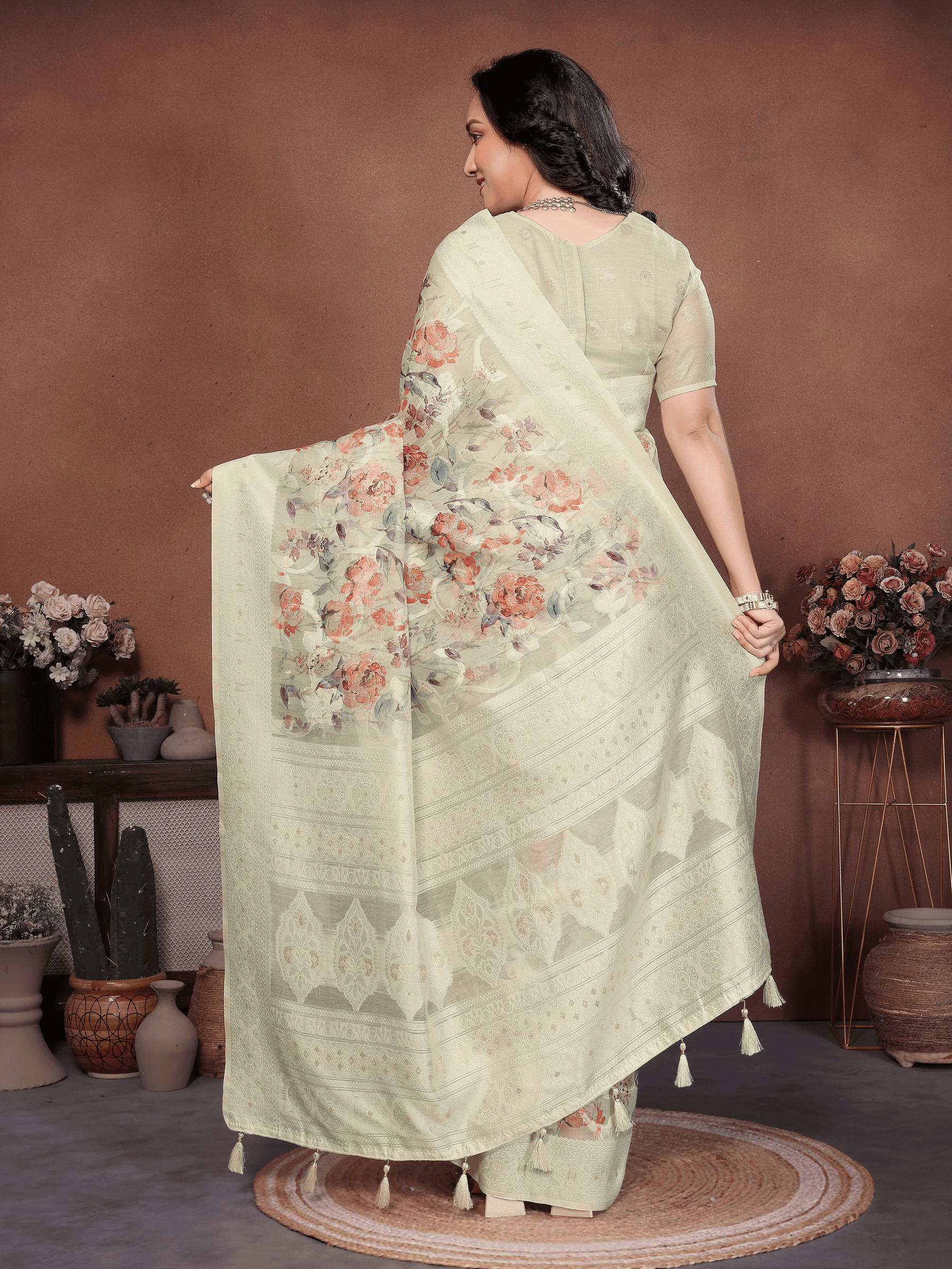 Samantha Beige Floral Printed Chanderi Saree with Tassel Pallu