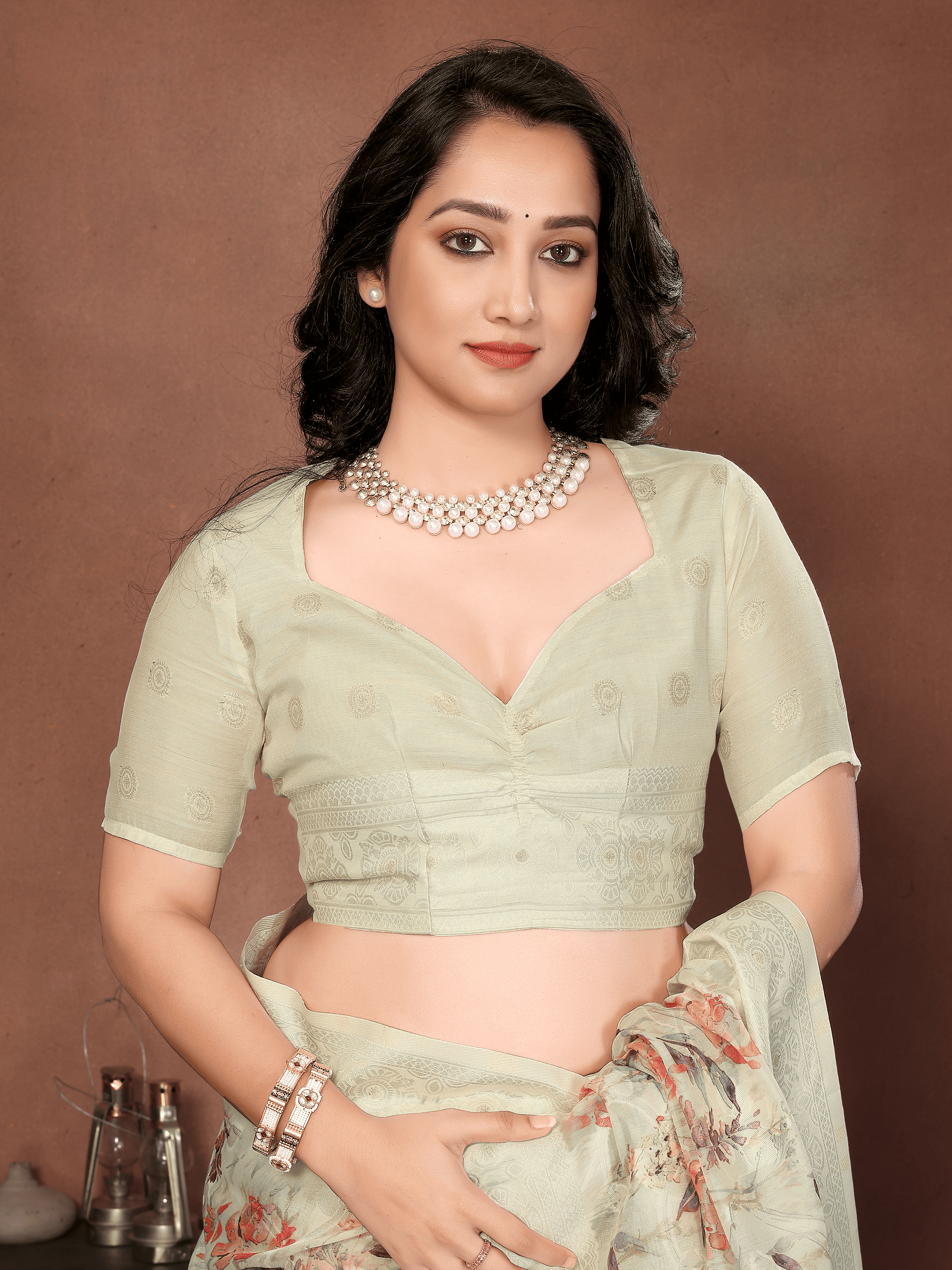 Samantha Beige Floral Printed Chanderi Saree with Tassel Pallu