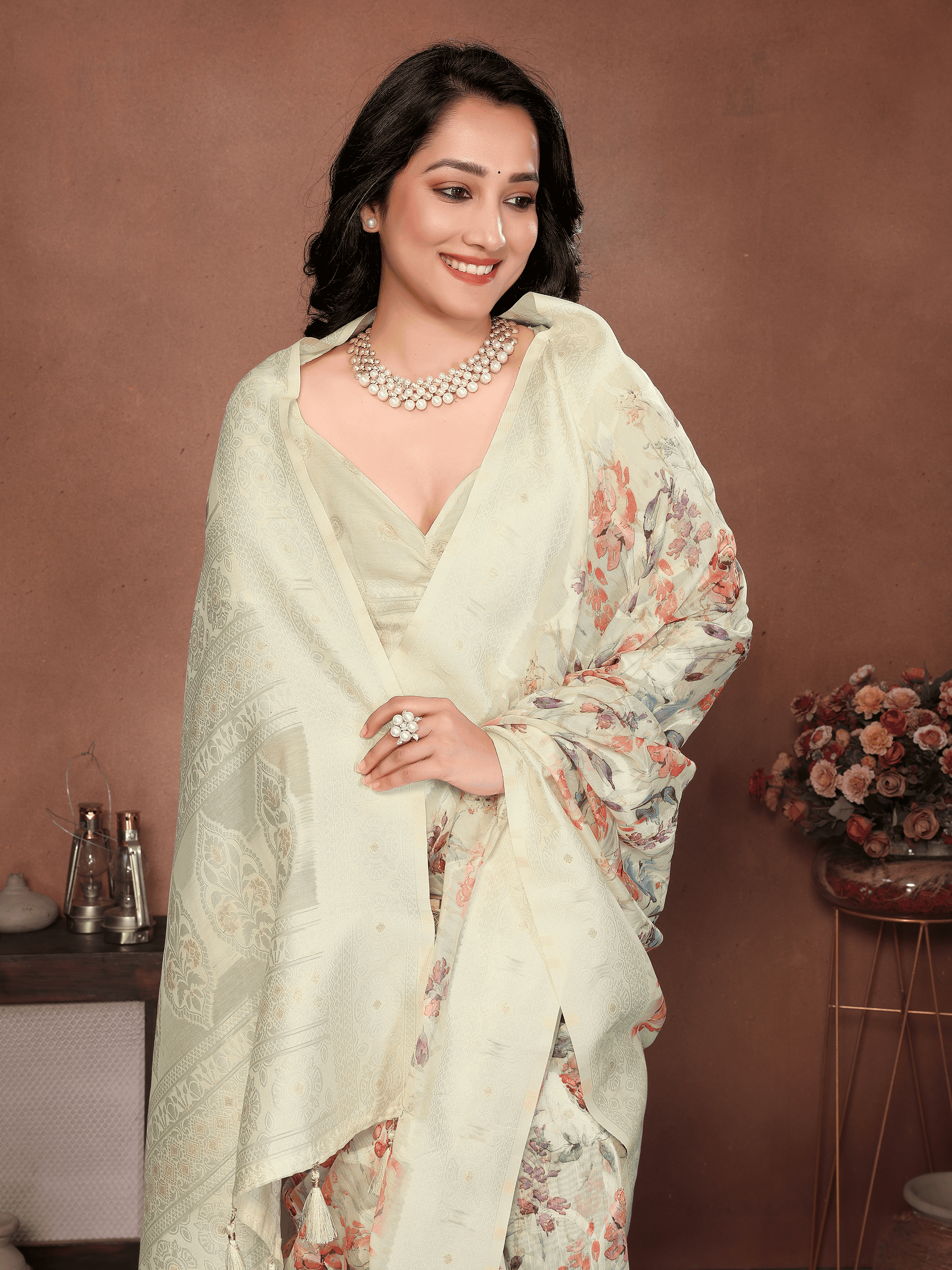 Samantha Beige Floral Printed Chanderi Saree with Tassel Pallu