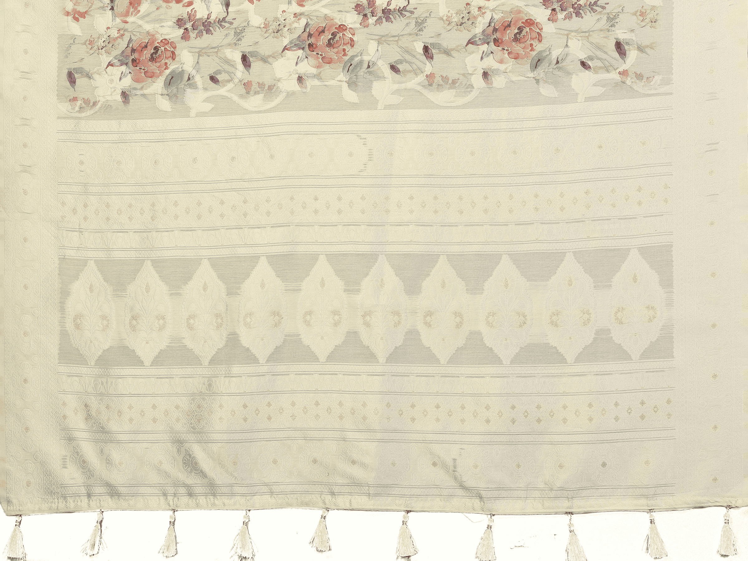 Samantha Beige Floral Printed Chanderi Saree with Tassel Pallu