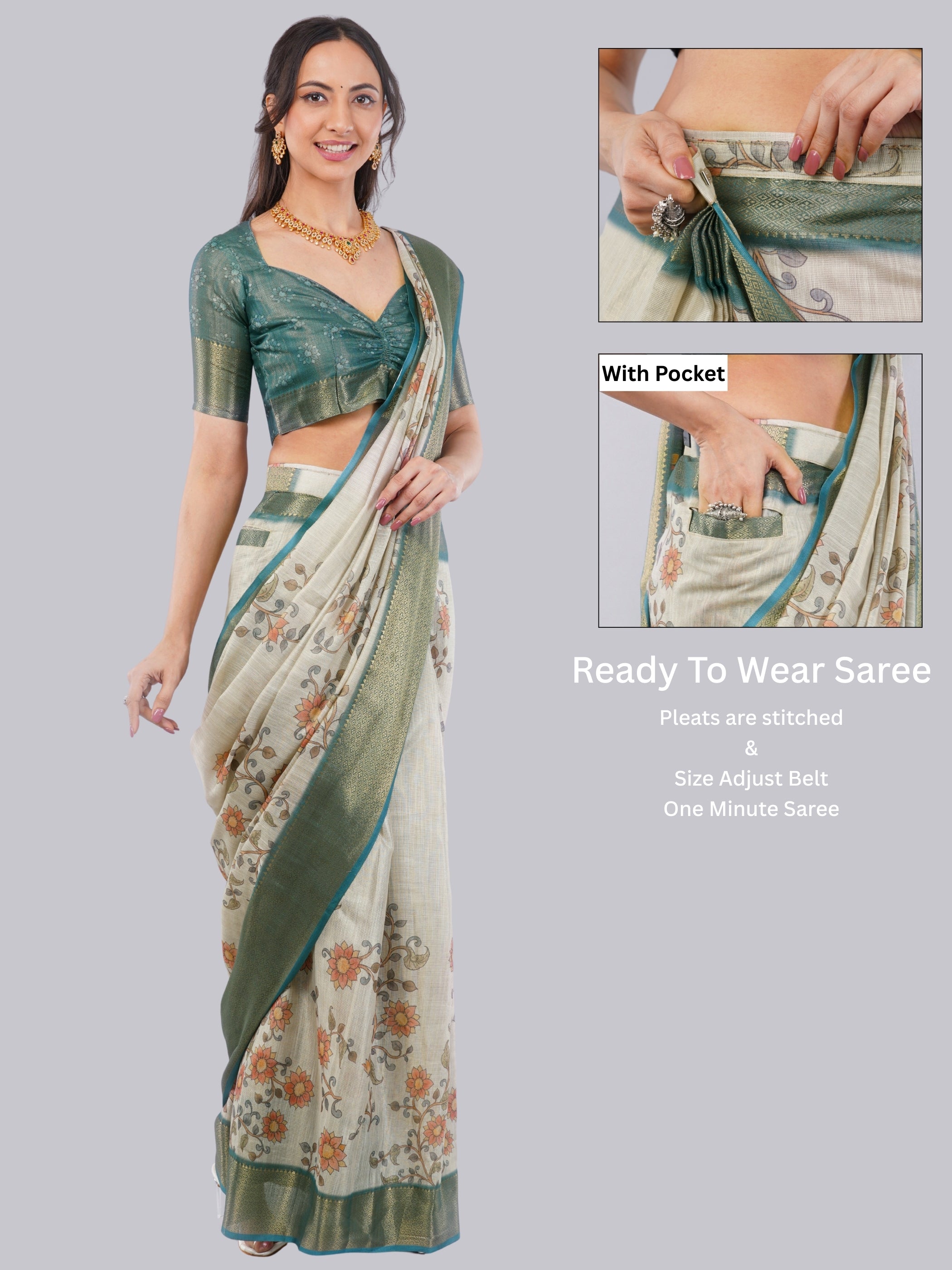 Off-White & Teal Ready-to-Wear Printed Saree with Pocket