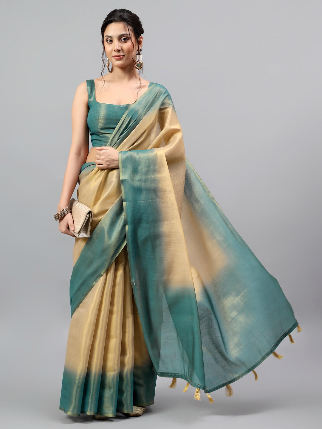 Samantha Metallic Green Ombre Ready To Wear One Minute Polyester Erode Zari Saree With Pre Stitched Pleats, Pocket And Unstitched Blouse Piece For Women Party Wear