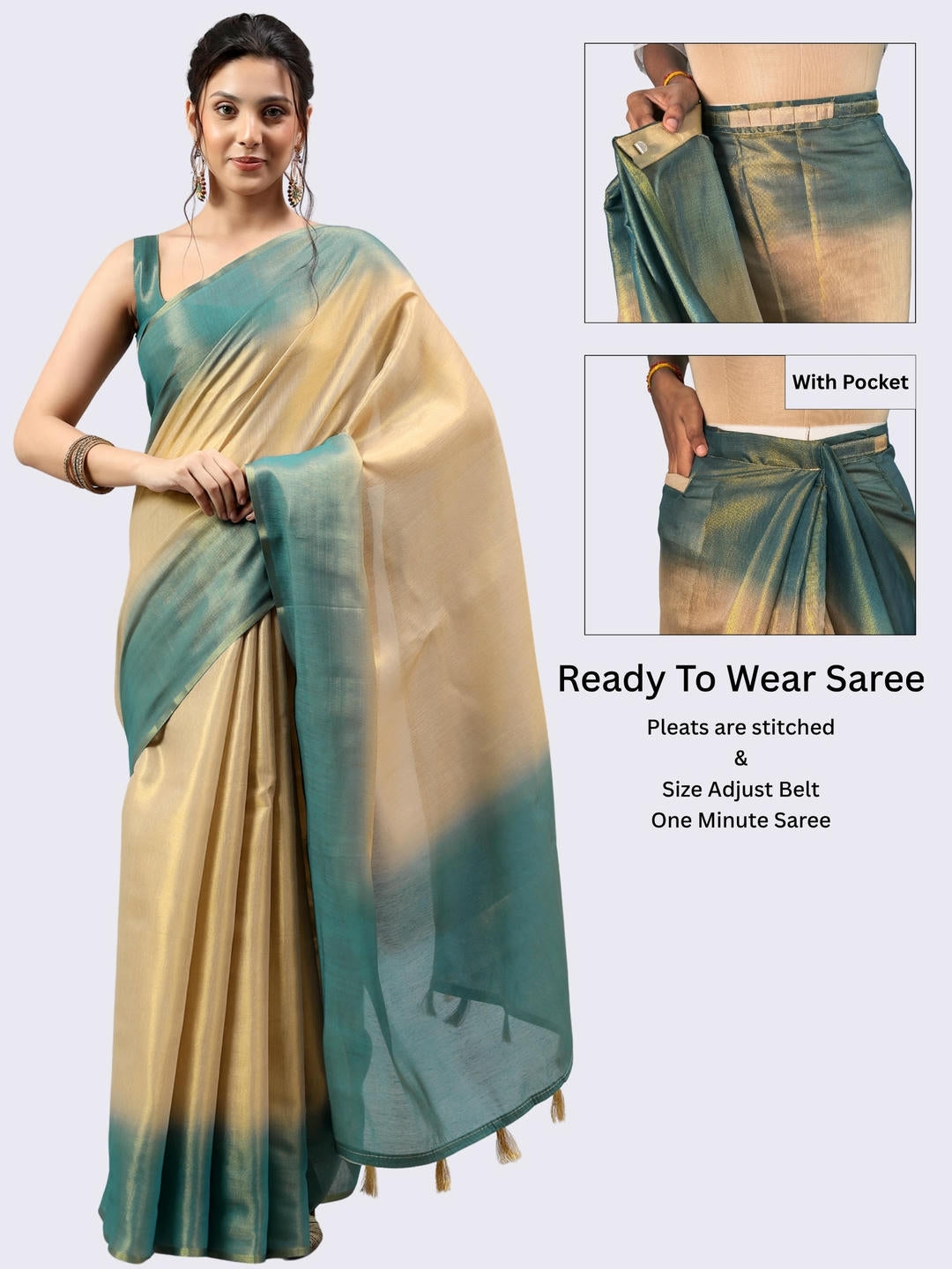 Beautiful woman styled in a shimmering metallic beige and teal green ombre ready-to-wear one-minute polyester erode zari saree featuring pre-stitched pleats, pocket, and a matching solid blouse by Samantha.