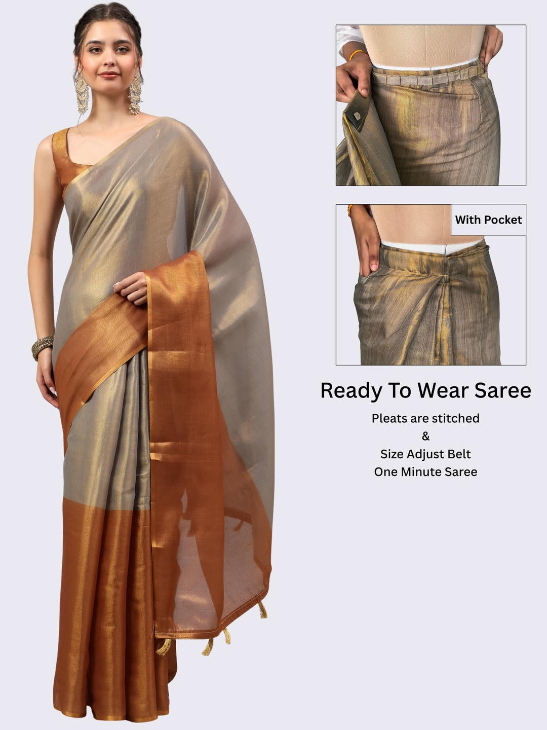 Beautiful woman styled in a shimmering metallic brown ready-to-wear one-minute polyester erode zari saree featuring pre-stitched pleats and a matching metallic blouse by Samantha.