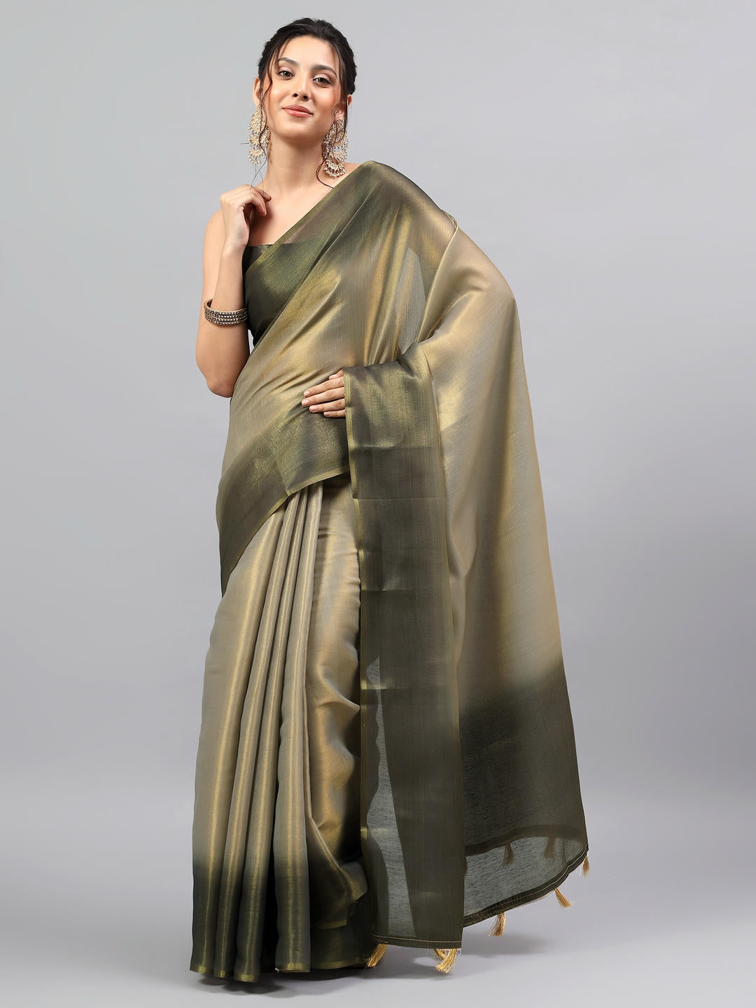 Samantha Metallic Silver Ready To Wear One Minute Polyester Erode Zari Saree With Pre Stitched Pleats And Unstitched Blouse Piece For Women Party Wear