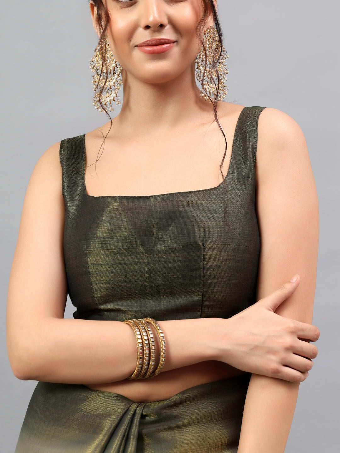 Samantha Metallic Silver Ready To Wear One Minute Polyester Erode Zari Saree With Pre Stitched Pleats And Unstitched Blouse Piece For Women Party Wear