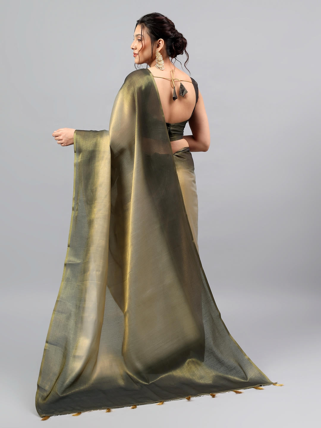 Samantha Metallic Silver Ready To Wear One Minute Polyester Erode Zari Saree With Pre Stitched Pleats And Unstitched Blouse Piece For Women Party Wear