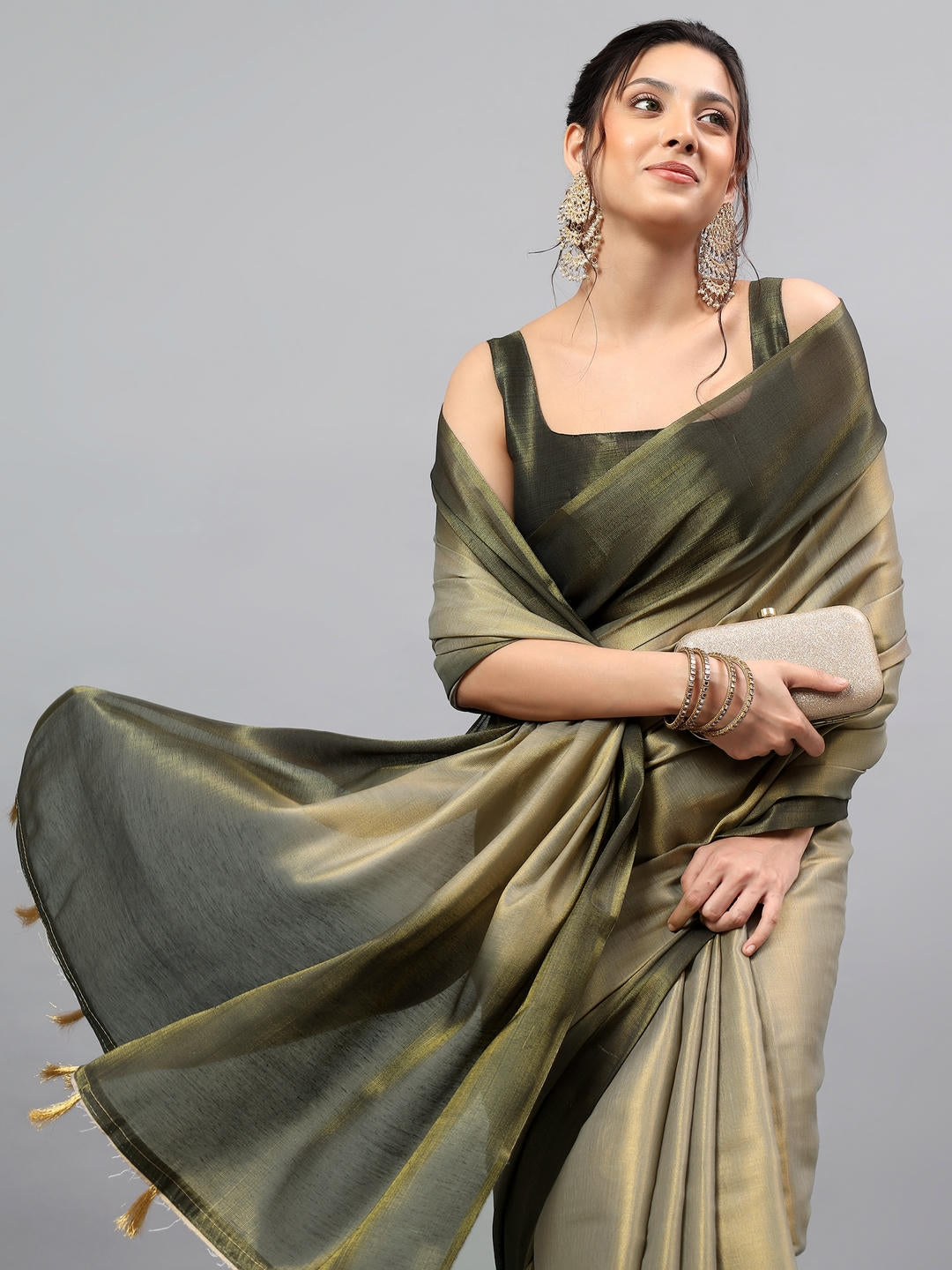 Samantha Metallic Silver Ready To Wear One Minute Polyester Erode Zari Saree With Pre Stitched Pleats And Unstitched Blouse Piece For Women Party Wear