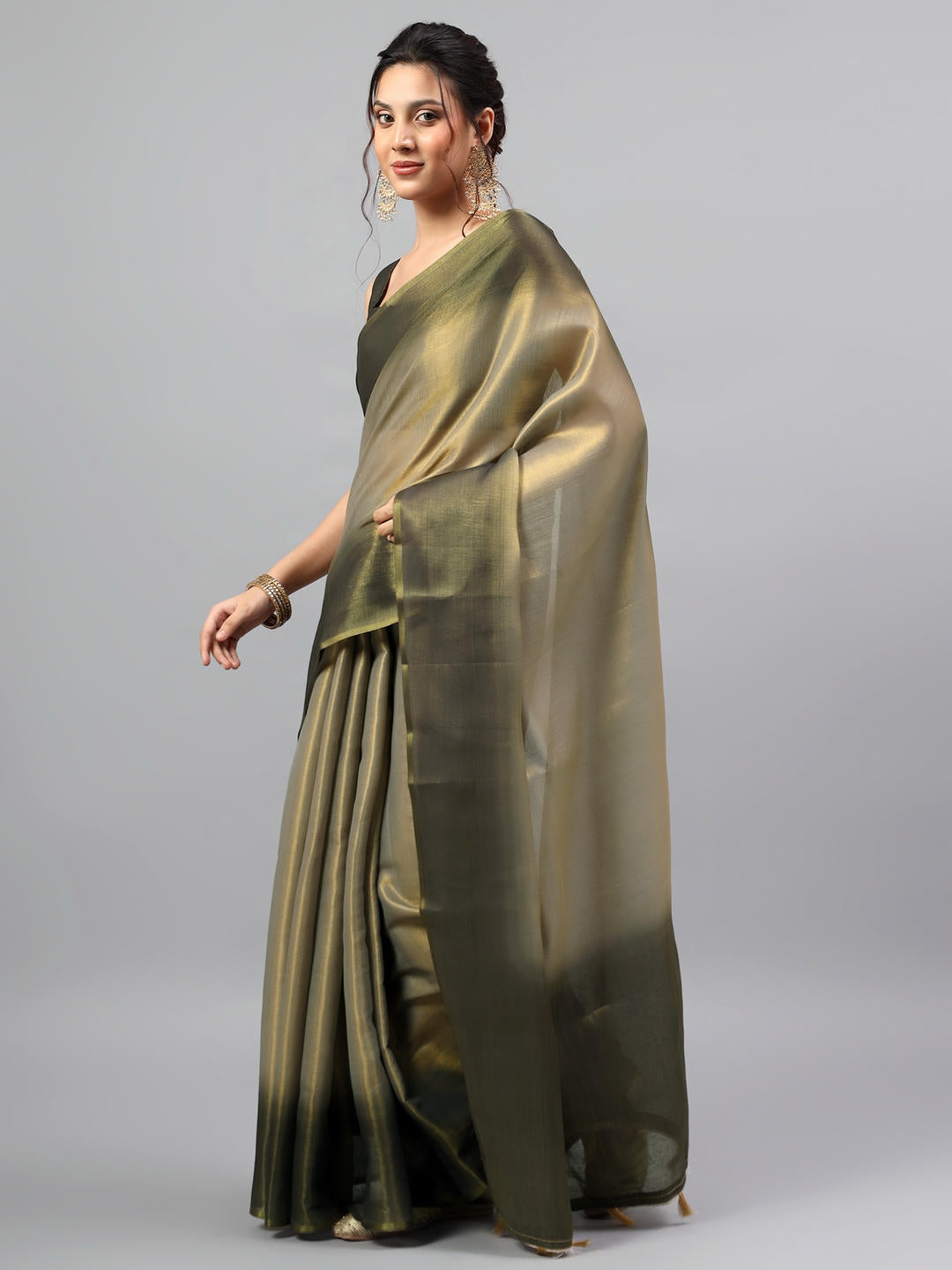 Samantha Metallic Silver Ready To Wear One Minute Polyester Erode Zari Saree With Pre Stitched Pleats And Unstitched Blouse Piece For Women Party Wear