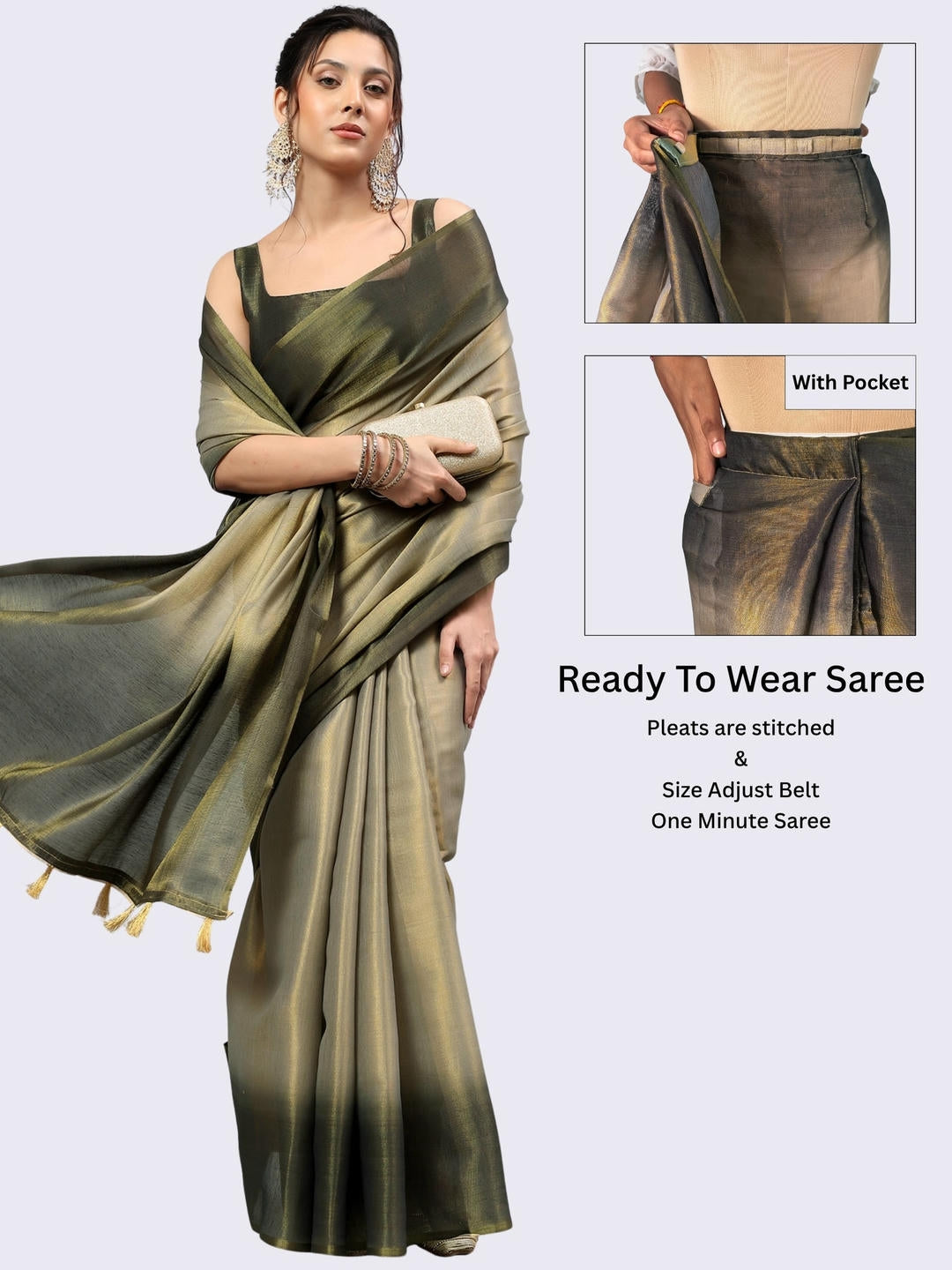 Beautiful woman styled in a shimmering metallic silver ready-to-wear one-minute polyester erode zari saree featuring pre-stitched pleats and a matching metallic blouse by Samantha.