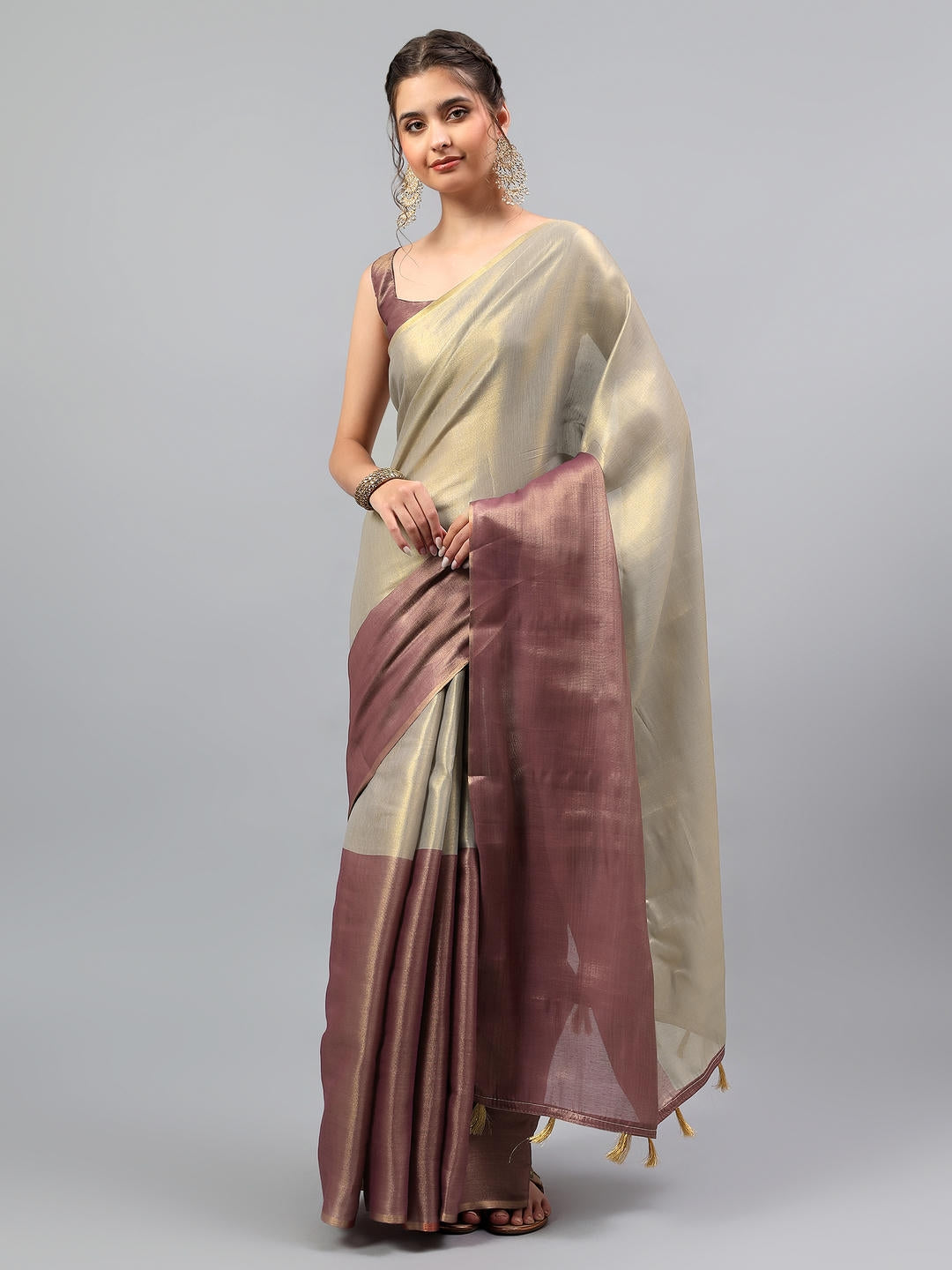 Samantha Maroon And Cream Dual Tone Ready To Wear One Minute Polyester Erode Zari Saree With Pre Stitched Pleats And Unstitched Blouse Piece For Women Party Wear