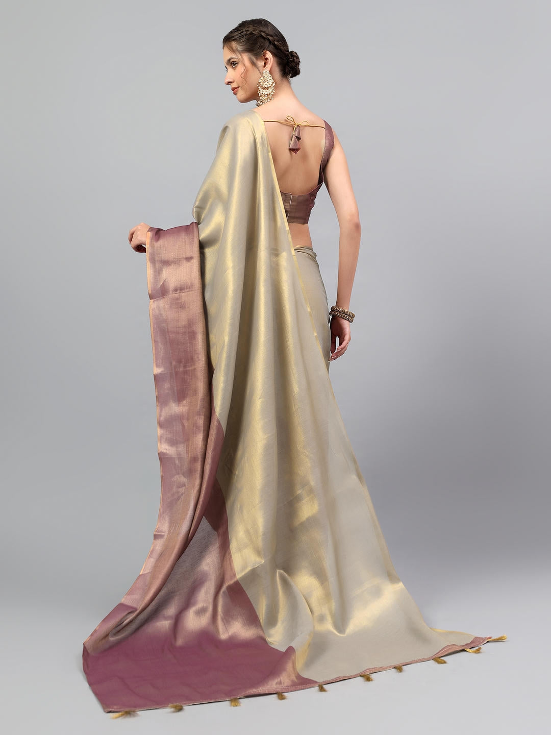 Samantha Maroon And Cream Dual Tone Ready To Wear One Minute Polyester Erode Zari Saree With Pre Stitched Pleats And Unstitched Blouse Piece For Women Party Wear