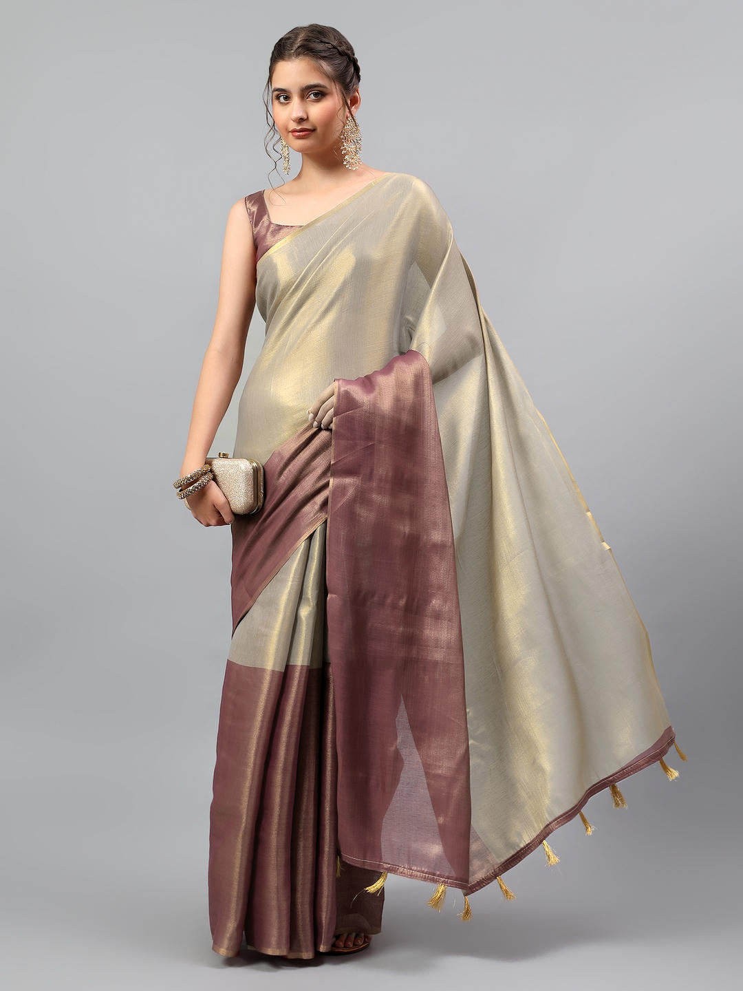 Samantha Maroon And Cream Dual Tone Ready To Wear One Minute Polyester Erode Zari Saree With Pre Stitched Pleats And Unstitched Blouse Piece For Women Party Wear