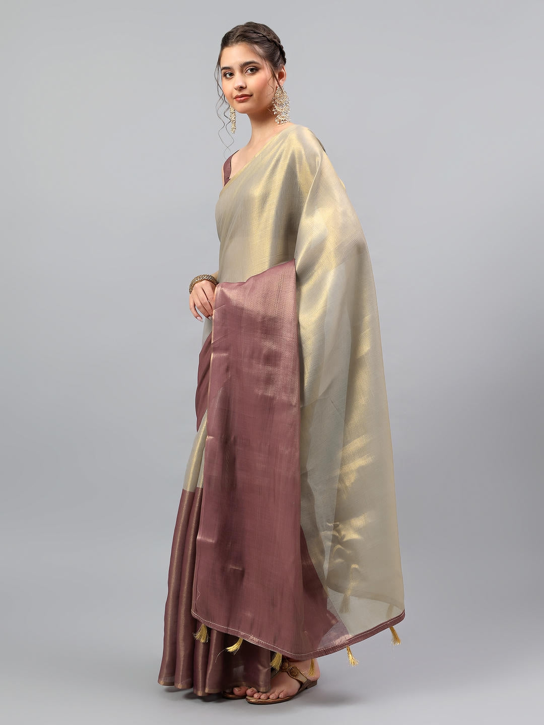 Samantha Maroon And Cream Dual Tone Ready To Wear One Minute Polyester Erode Zari Saree With Pre Stitched Pleats And Unstitched Blouse Piece For Women Party Wear