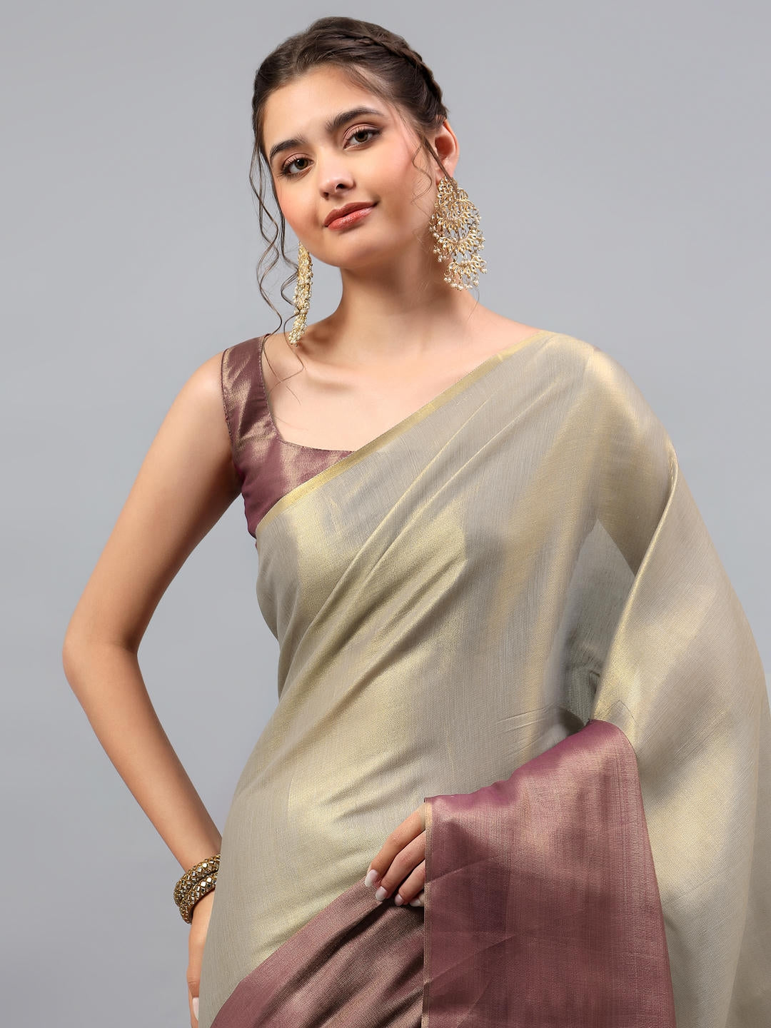 Samantha Maroon And Cream Dual Tone Ready To Wear One Minute Polyester Erode Zari Saree With Pre Stitched Pleats And Unstitched Blouse Piece For Women Party Wear