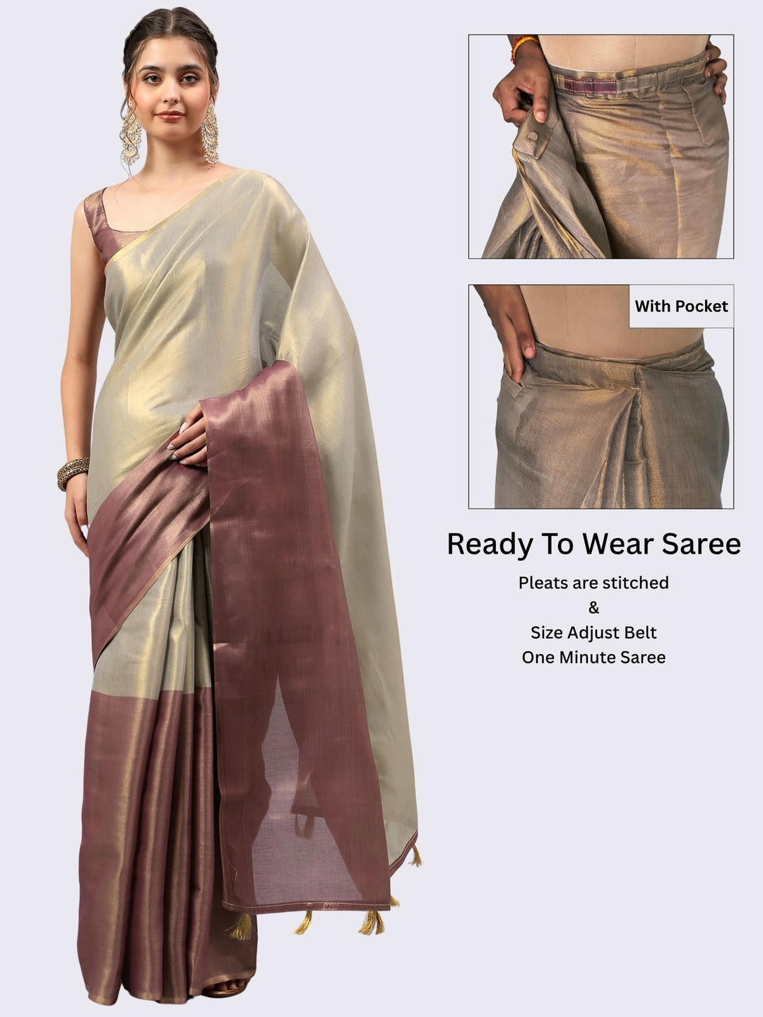 Beautiful woman styled in a shimmering metallic maroon and cream dual-tone ready-to-wear one-minute polyester erode zari saree featuring pre-stitched pleats and a matching solid maroon blouse by Samantha.