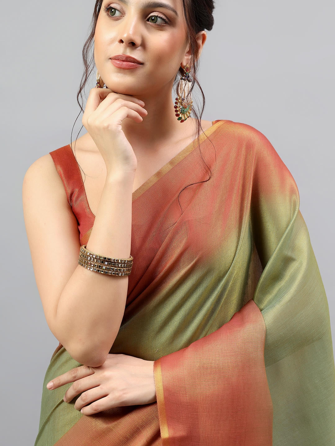 Samantha Green And Rust Ombre Ready To Wear One Minute Polyester Erode Zari Saree With Pre Stitched Pleats And Unstitched Blouse Piece For Women Party Wear