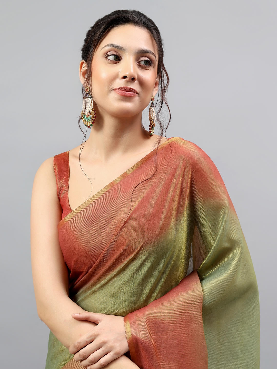 Samantha Green And Rust Ombre Ready To Wear One Minute Polyester Erode Zari Saree With Pre Stitched Pleats And Unstitched Blouse Piece For Women Party Wear