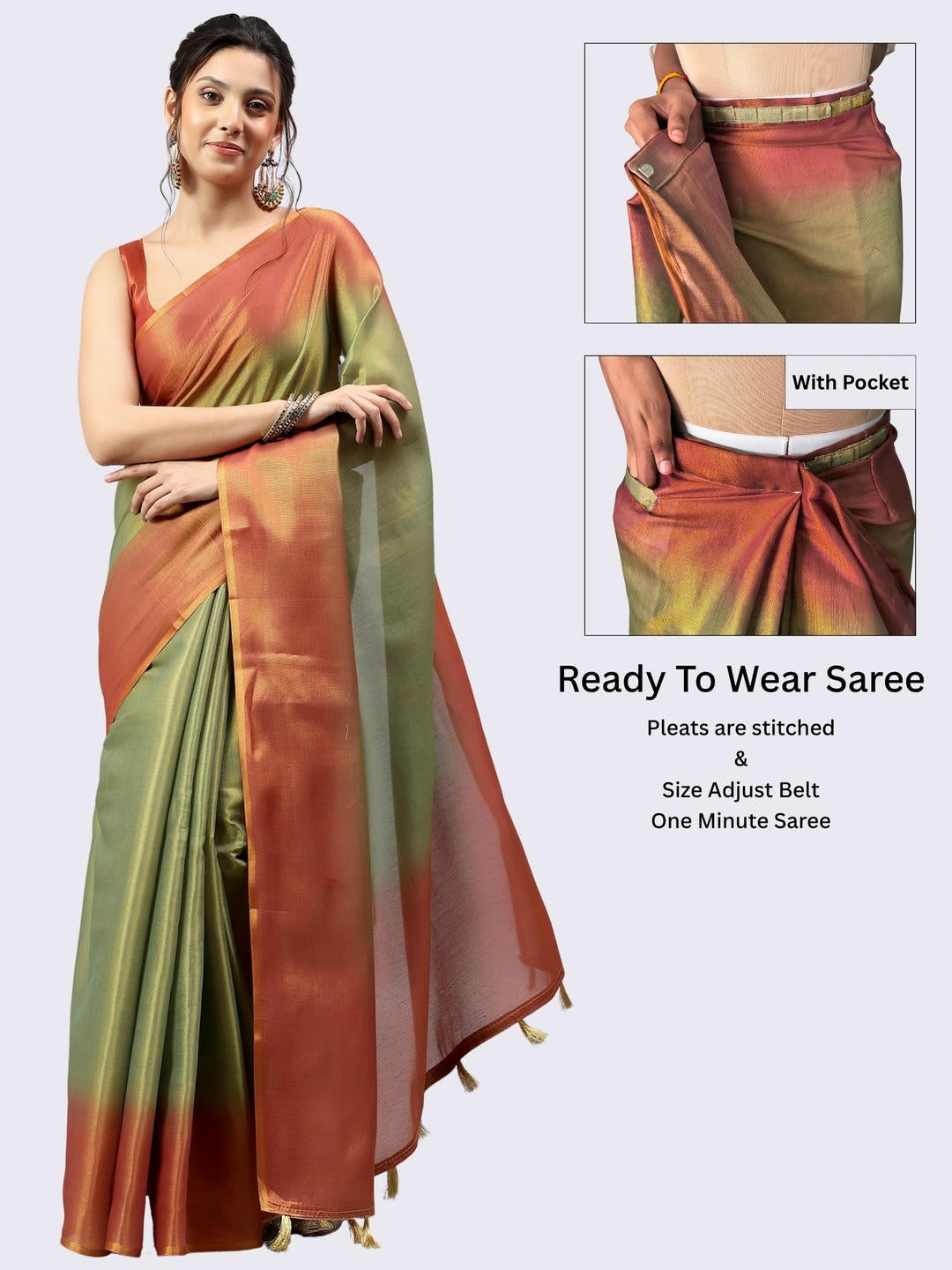 Beautiful woman styled in a shimmering metallic green and rust ombre ready-to-wear one-minute polyester erode zari saree featuring pre-stitched pleats and a matching solid blouse by Samantha.