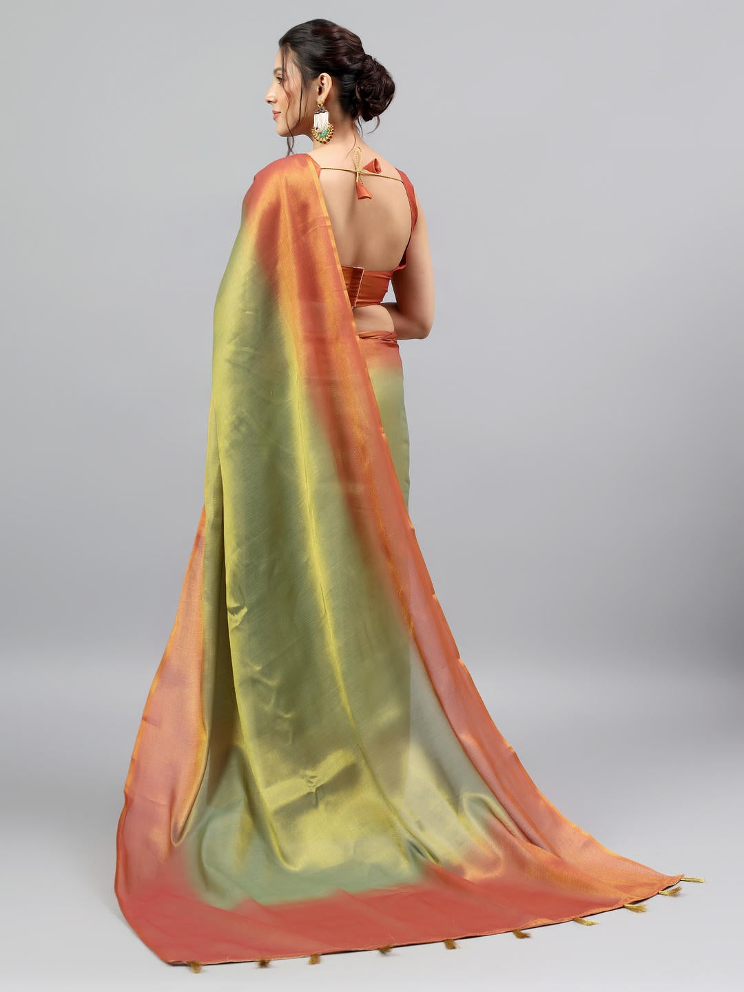 Samantha Green And Rust Ombre Ready To Wear One Minute Polyester Erode Zari Saree With Pre Stitched Pleats And Unstitched Blouse Piece For Women Party Wear
