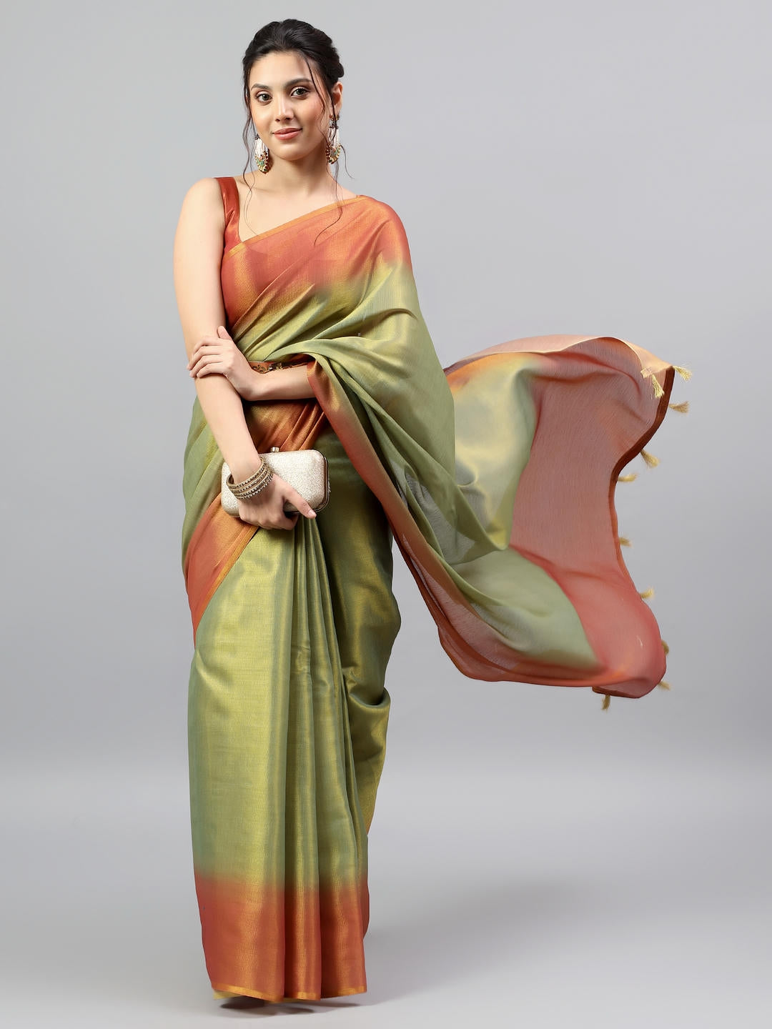 Samantha Green And Rust Ombre Ready To Wear One Minute Polyester Erode Zari Saree With Pre Stitched Pleats And Unstitched Blouse Piece For Women Party Wear