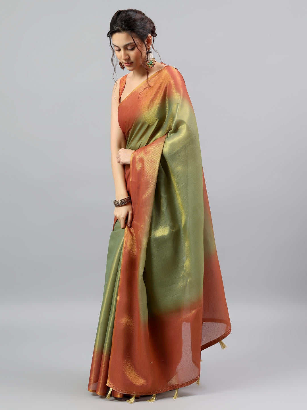 Samantha Green And Rust Ombre Ready To Wear One Minute Polyester Erode Zari Saree With Pre Stitched Pleats And Unstitched Blouse Piece For Women Party Wear
