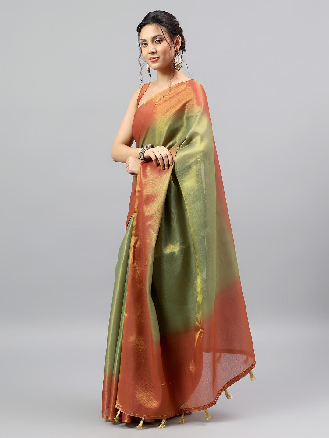 Samantha Green And Rust Ombre Ready To Wear One Minute Polyester Erode Zari Saree With Pre Stitched Pleats And Unstitched Blouse Piece For Women Party Wear