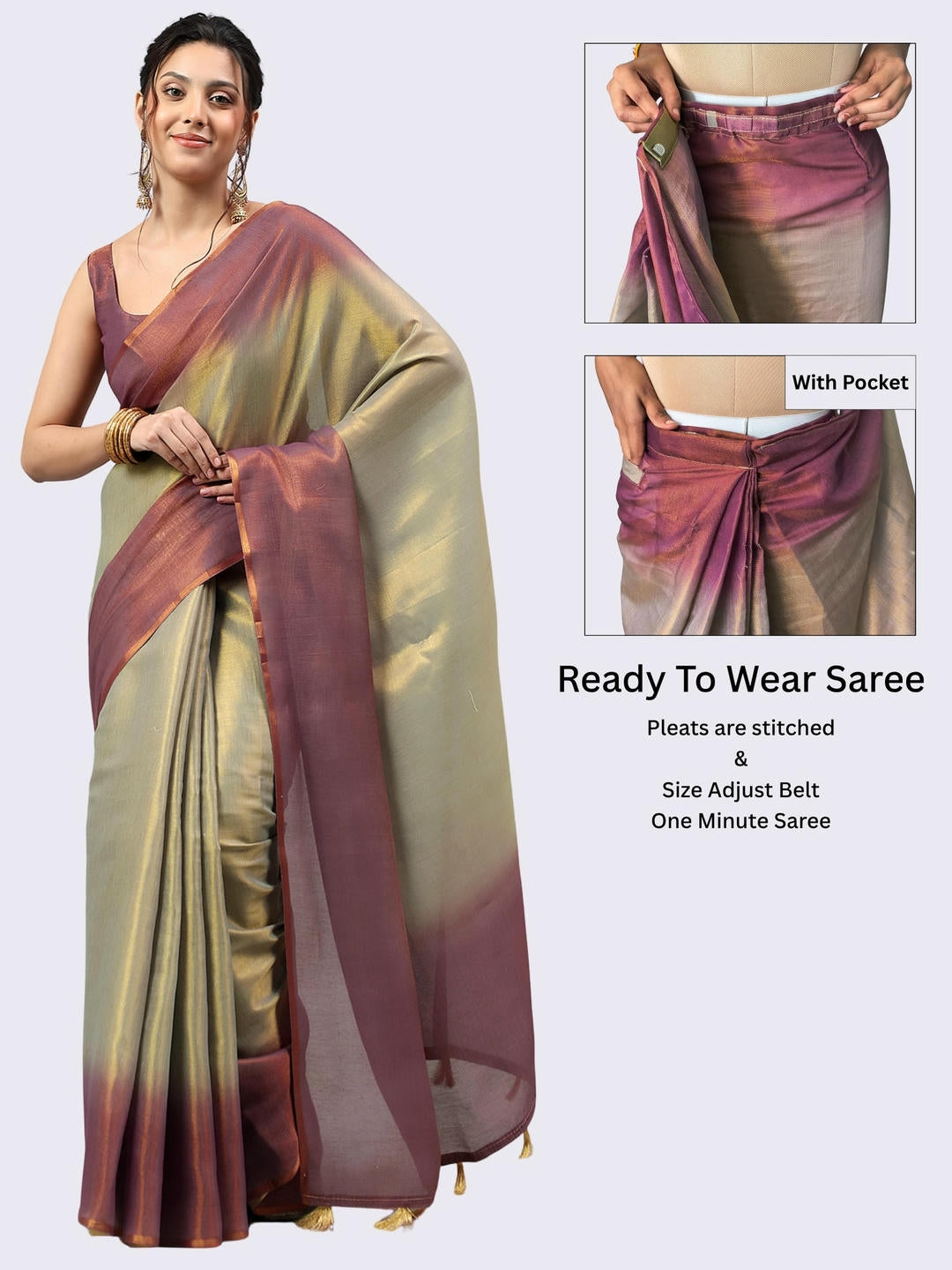 Beautiful woman styled in a shimmering metallic rusty beige ombre ready-to-wear one-minute polyester erode zari saree featuring pre-stitched pleats and a matching solid blouse by Samantha.