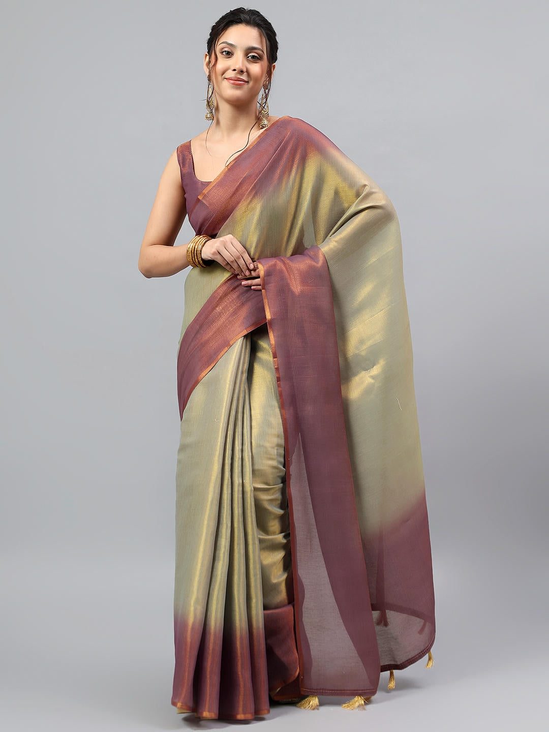Samantha Rusty Beige Ombre Ready To Wear One Minute Polyester Erode Zari Saree With Pre Stitched Pleats And Unstitched Blouse Piece For Women Party Wear