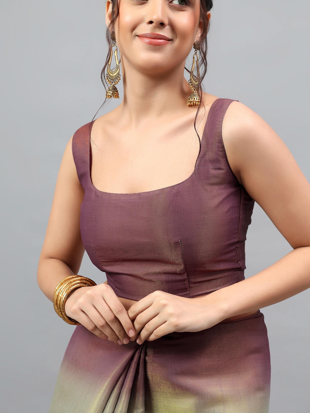 Samantha Rusty Beige Ombre Ready To Wear One Minute Polyester Erode Zari Saree With Pre Stitched Pleats And Unstitched Blouse Piece For Women Party Wear