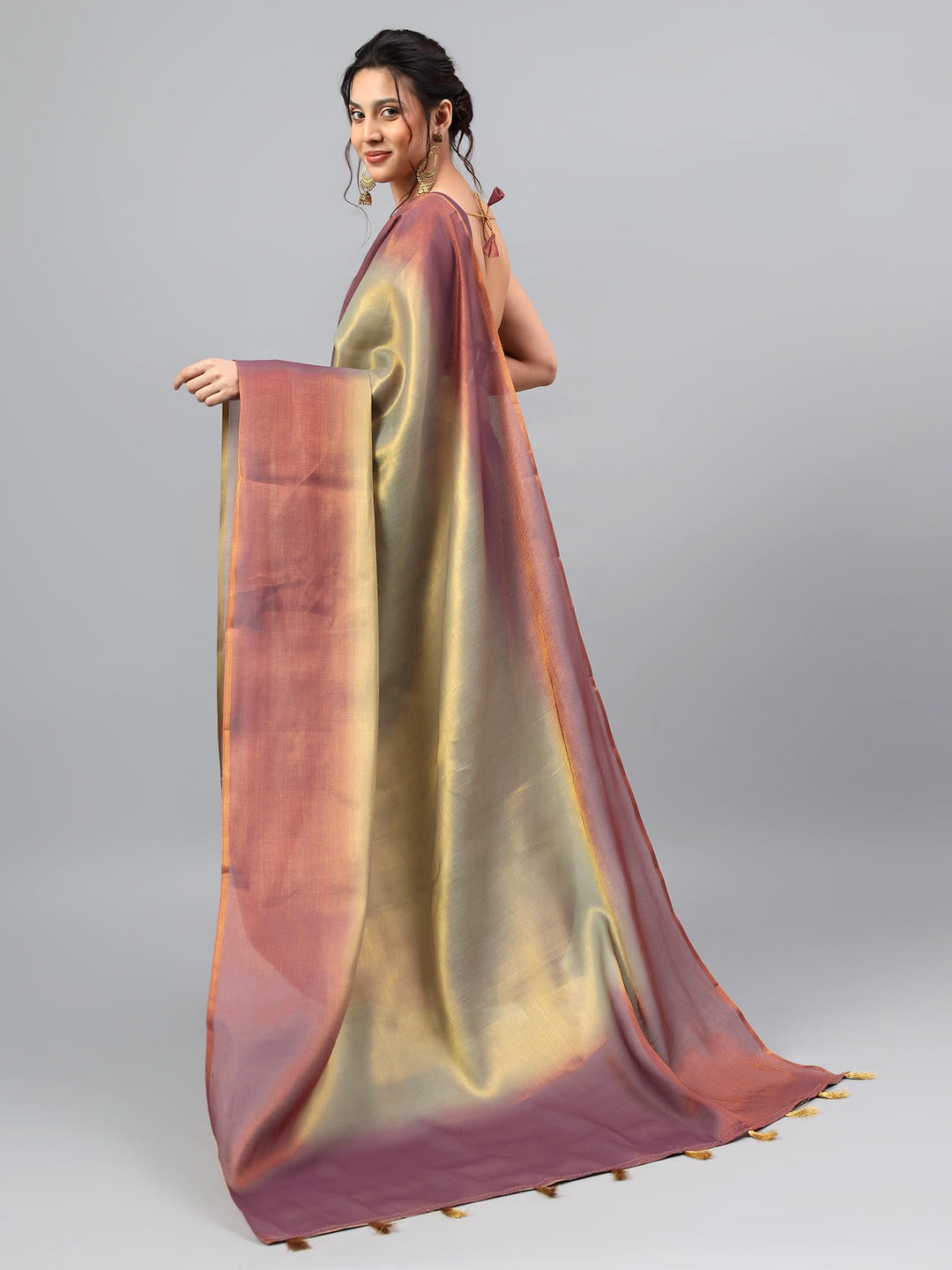 Samantha Rusty Beige Ombre Ready To Wear One Minute Polyester Erode Zari Saree With Pre Stitched Pleats And Unstitched Blouse Piece For Women Party Wear