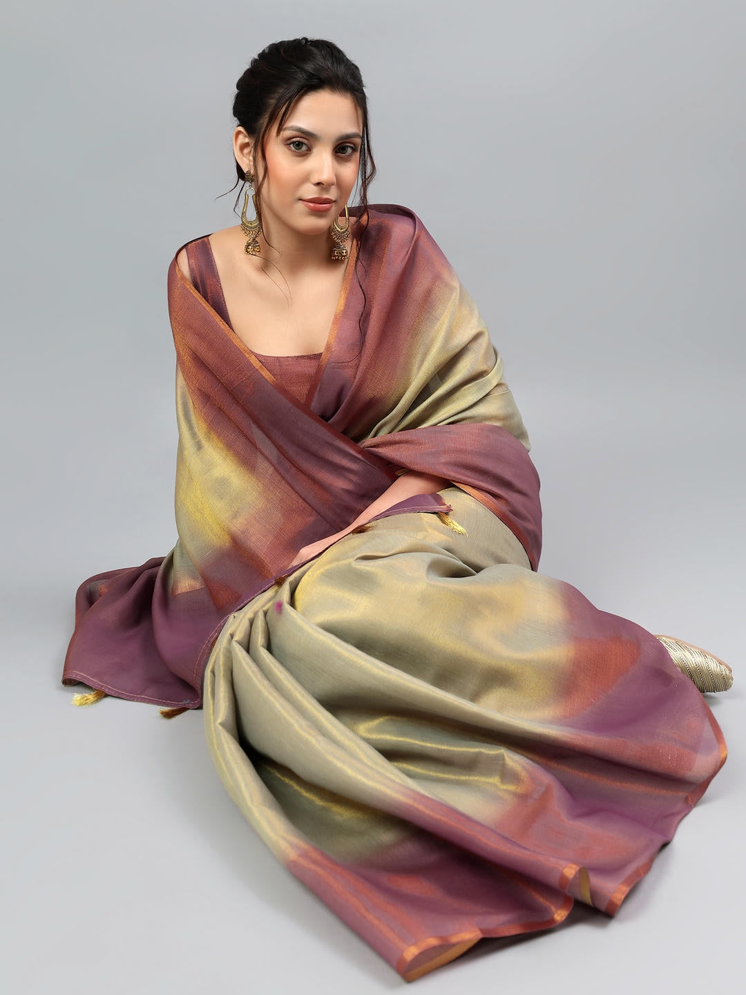 Samantha Rusty Beige Ombre Ready To Wear One Minute Polyester Erode Zari Saree With Pre Stitched Pleats And Unstitched Blouse Piece For Women Party Wear